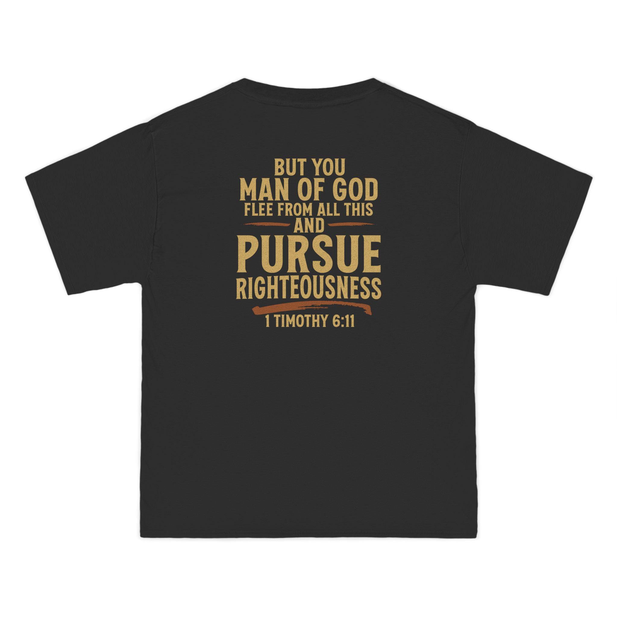 Pursue Righteousness Christian T-Shirt - 1 Timothy 6:11 Man of God Tee, Bold Mens Ministry Shirt, Scripture Faith Graphic for Men and Women