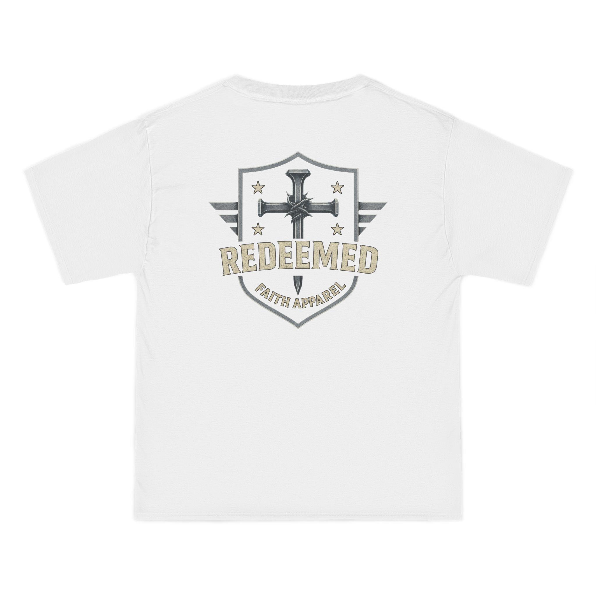 Redeemed Faith Apparel Logo Tee: Christian Cross & Shield Design
