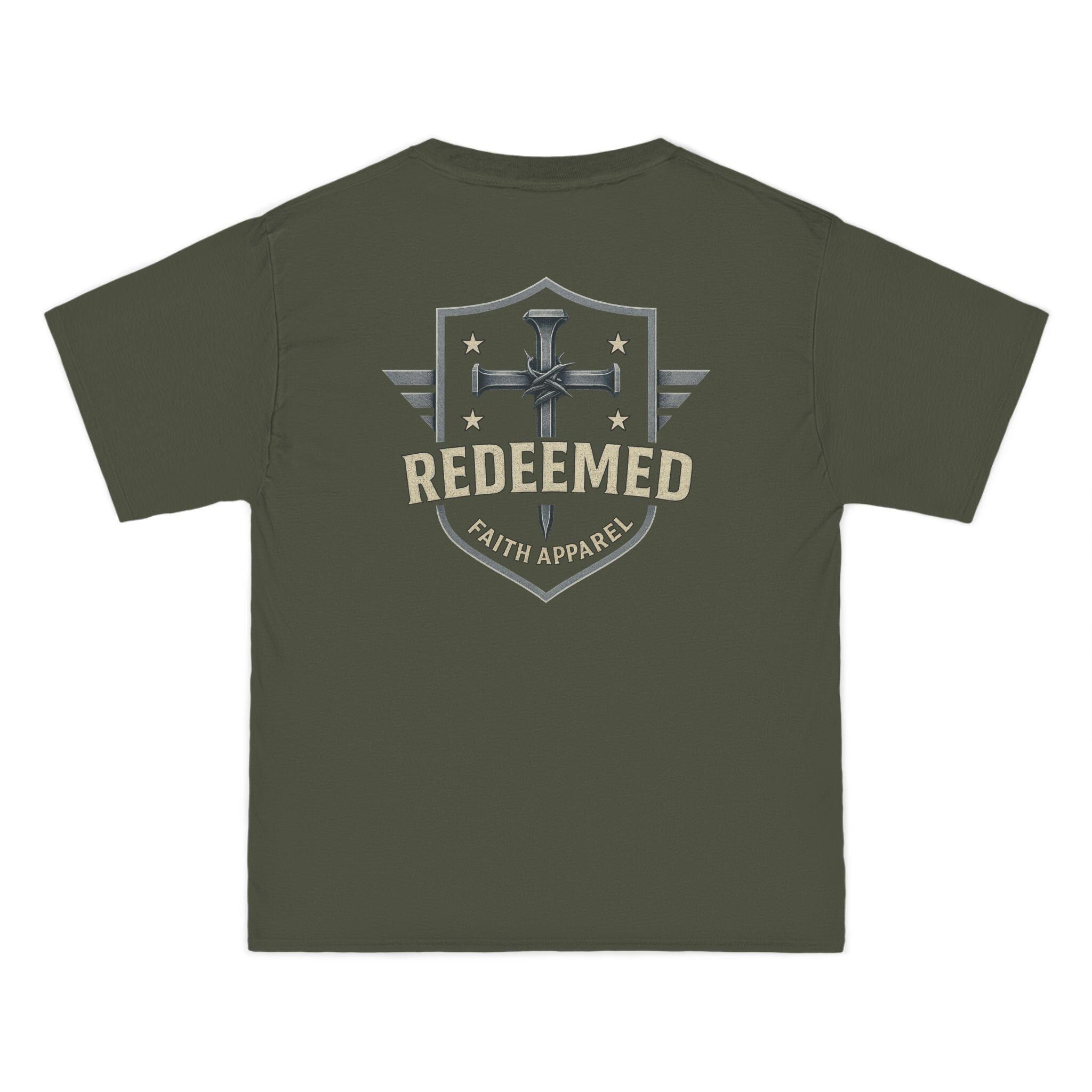 Redeemed Faith Apparel Logo Tee: Christian Cross & Shield Design