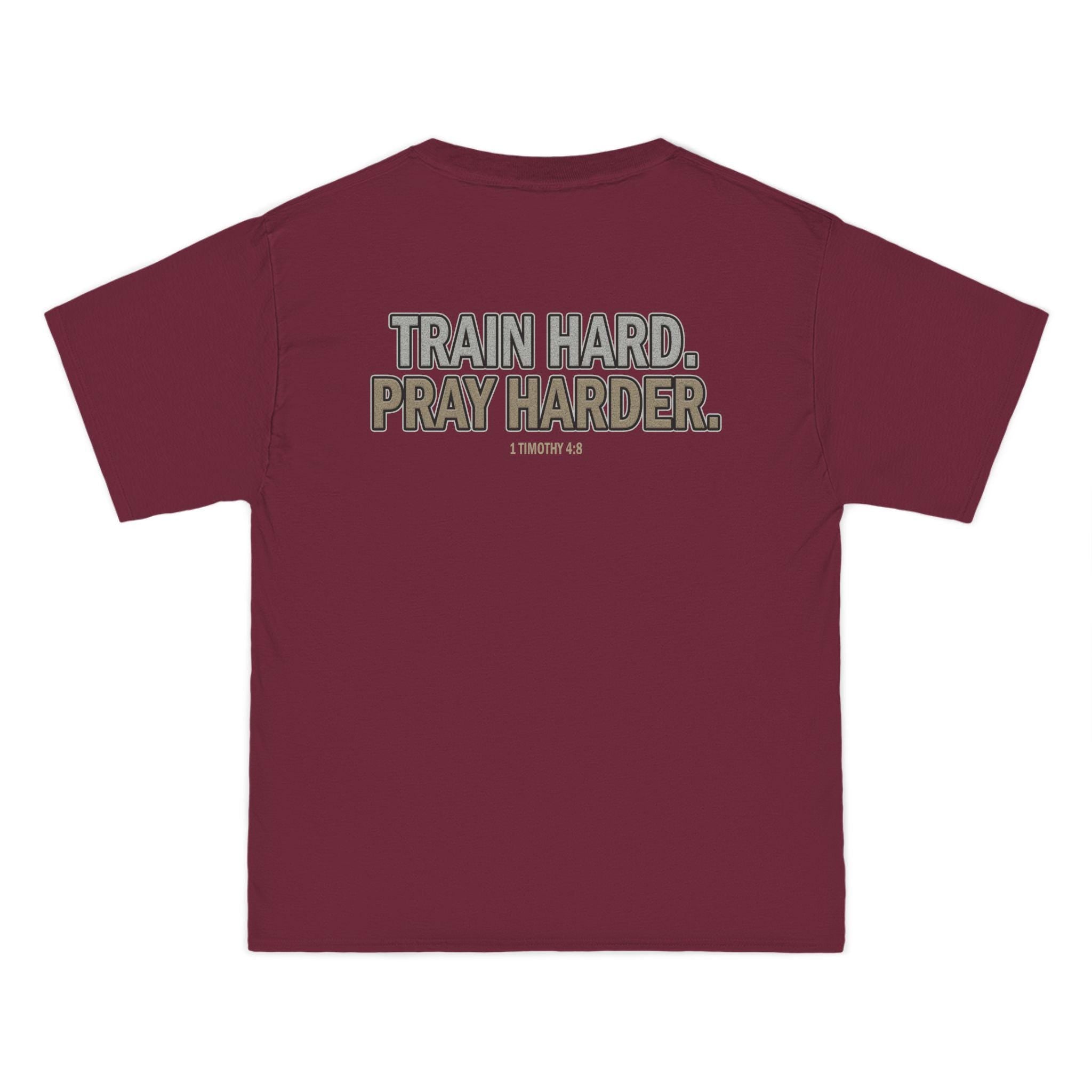 Train Hard Pray Harder Shirt - Christian Fitness T-Shirt, Faith Gym Tee, 1 Timothy 48 Bible Verse Workout Apparel, T-Shirt for Men and Women