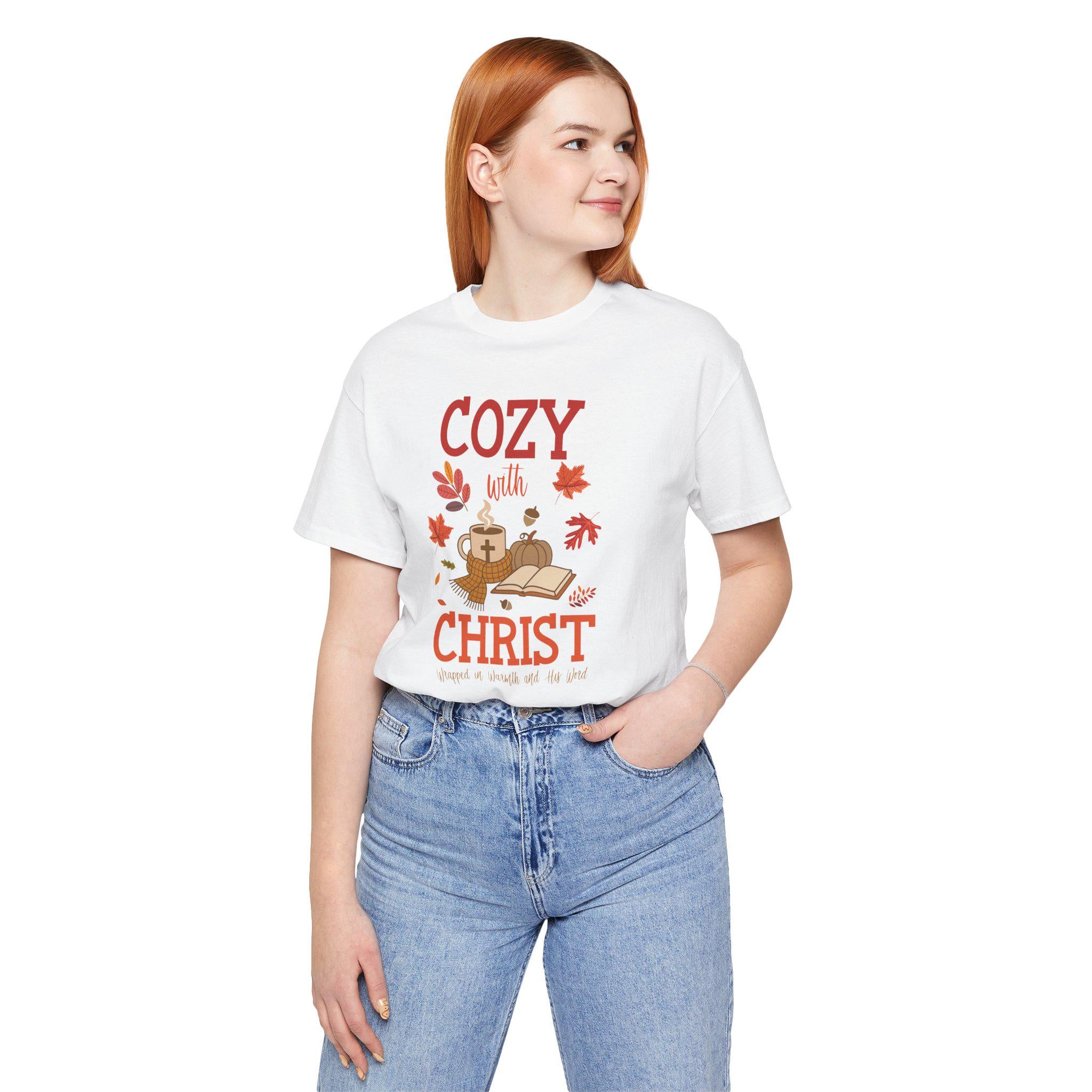 Cozy with Christ Fall Christian T-Shirt, Warmth and Comfort Tee, Pumpkin Spice Christian Shirt, Bible Study Women's Tee, Faith Gift for Her