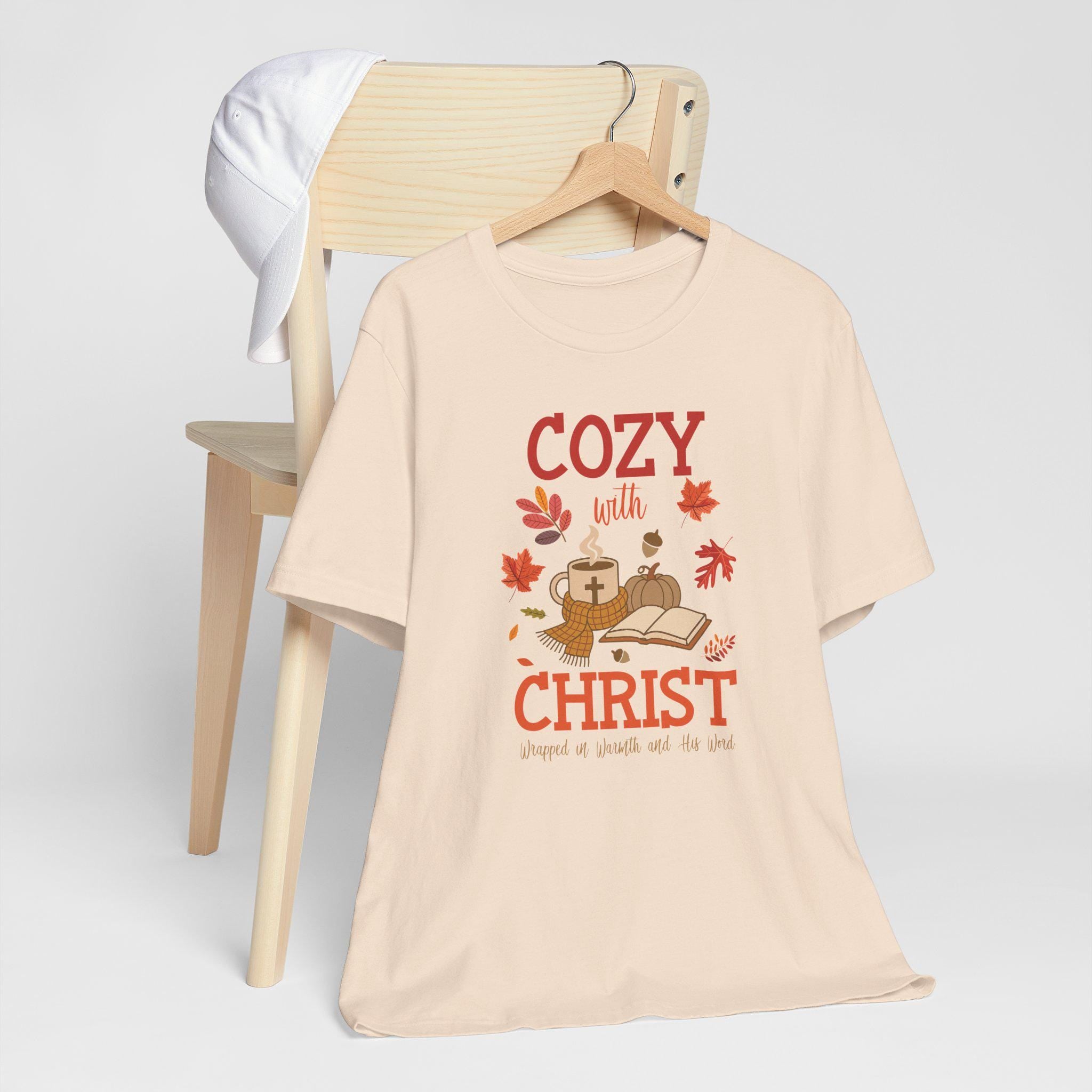 Cozy with Christ Fall Christian T-Shirt, Warmth and Comfort Tee, Pumpkin Spice Christian Shirt, Bible Study Women's Tee, Faith Gift for Her