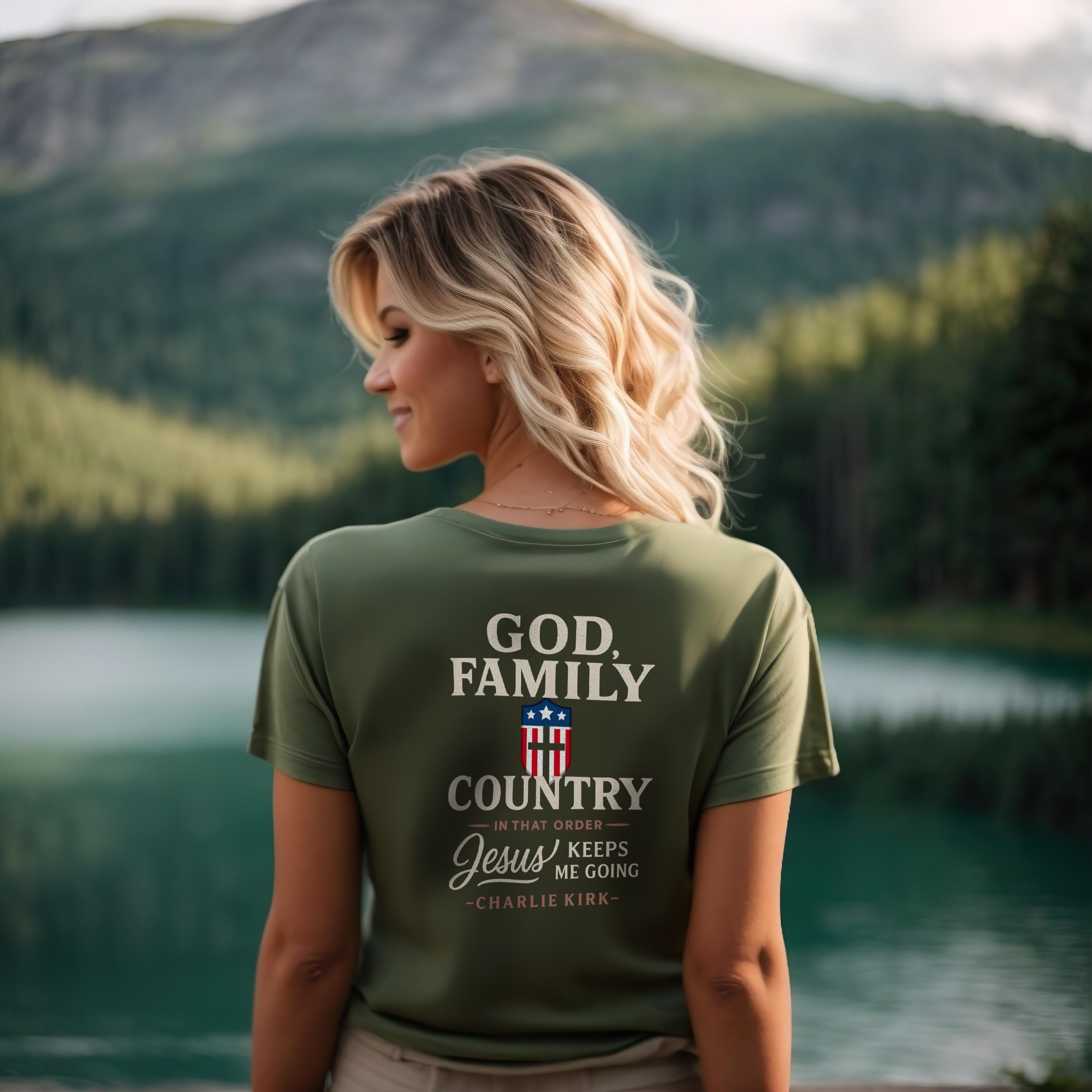 God Family Country Christian T-Shirt (Back) - Faith and Patriotism Tee, Bible Verse Shirt, Jesus Keeps Me Going, Charlie Kirk Quote Shirt