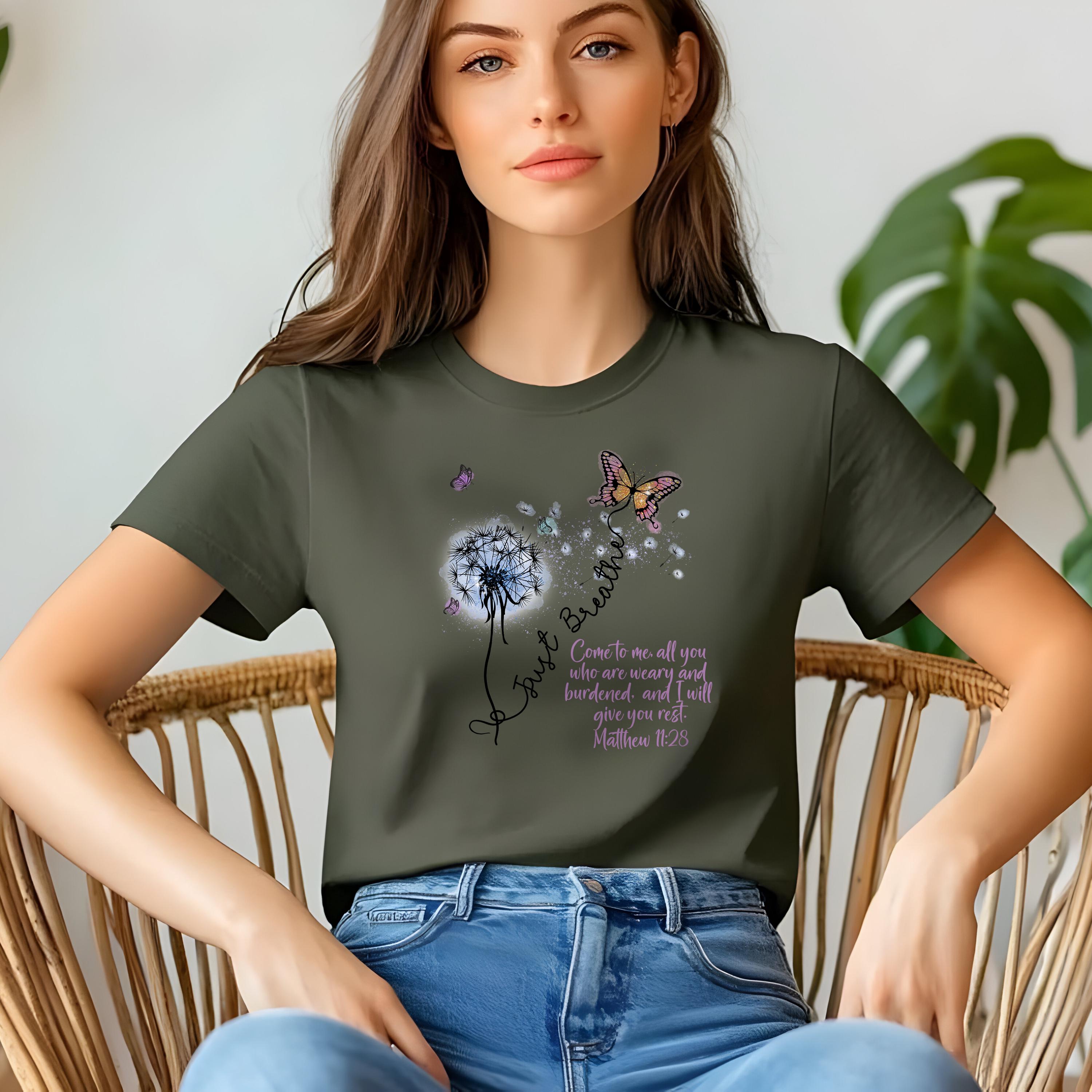 Just Breathe Christian Womens T-Shirt - Matthew 11:28 Bible Verse Tee, Come to Me Faith Shirt, Peaceful Inspirational Christian Apparel
