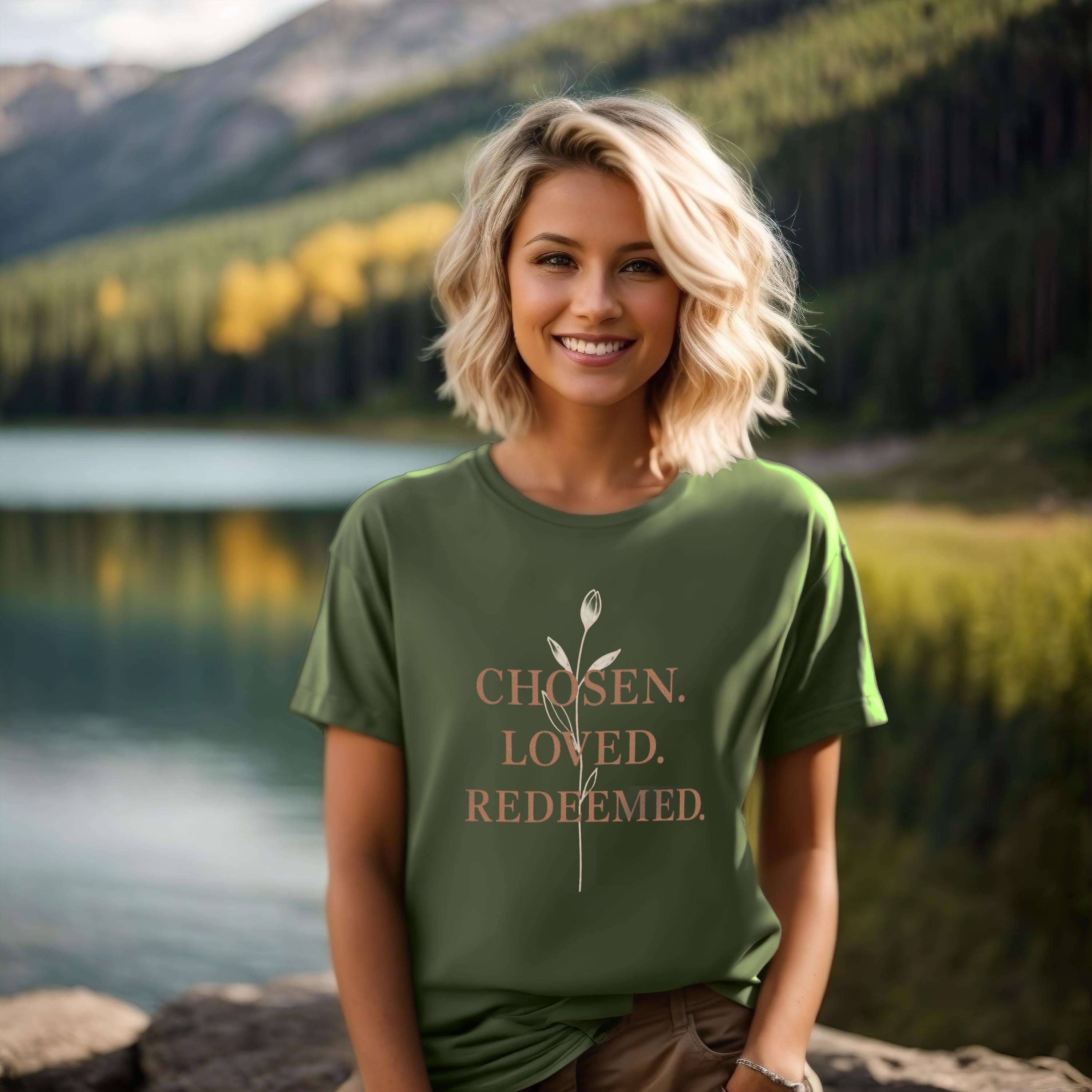 Chosen. Loved. Redeemed. Womens Christian T-Shirt - Faith Inspiration Tee, Minimalist Bible Verse Apparel, Redeemed Faith Apparel