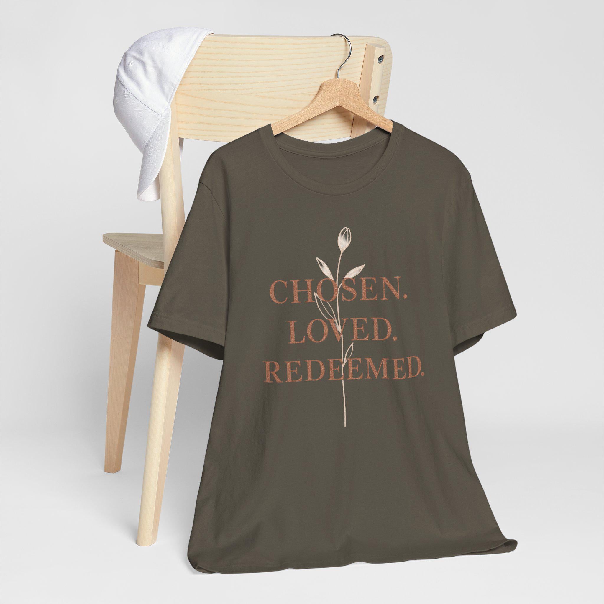 Chosen. Loved. Redeemed. Womens Christian T-Shirt - Faith Inspiration Tee, Minimalist Bible Verse Apparel, Redeemed Faith Apparel