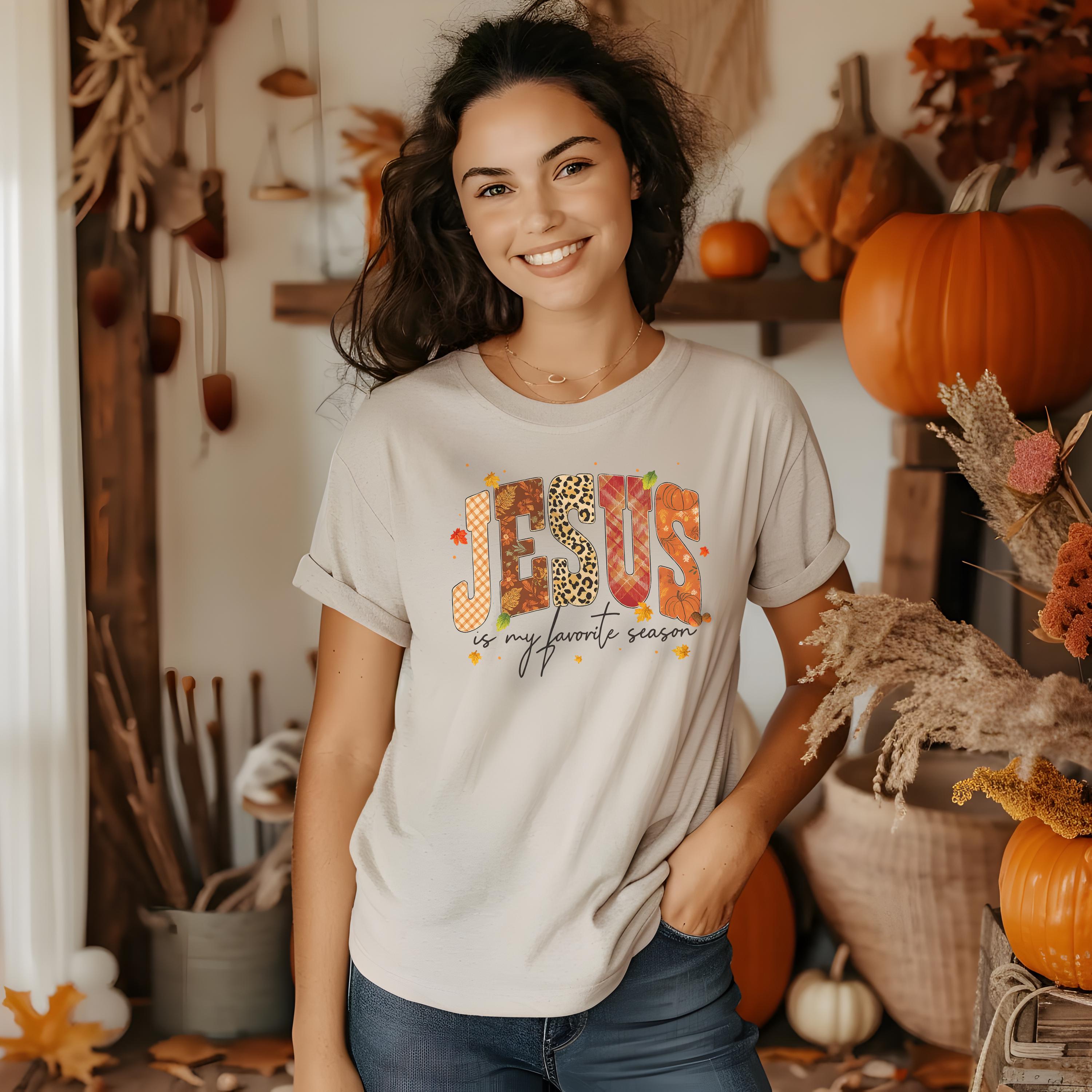 Jesus Is My Favorite Season Christian T-Shirt, Fall Quilt Series, Cozy Faith Patchwork Tee for Women, Christian Fall Quilt T-Shirt, Fall Tee