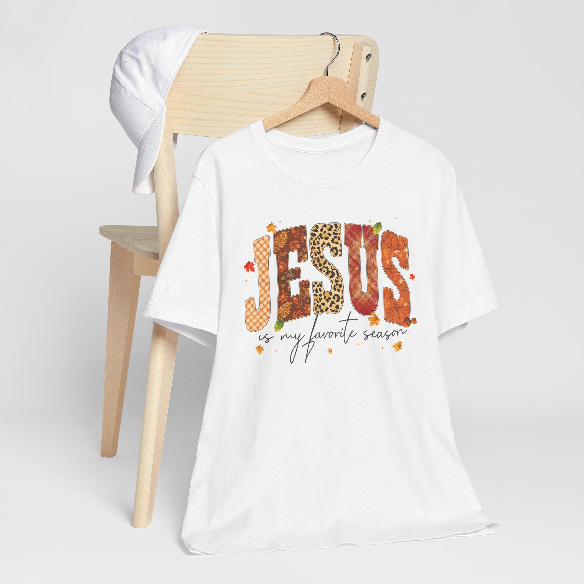 Jesus Is My Favorite Season Christian T-Shirt, Fall Quilt Series, Cozy Faith Patchwork Tee for Women, Christian Fall Quilt T-Shirt, Fall Tee