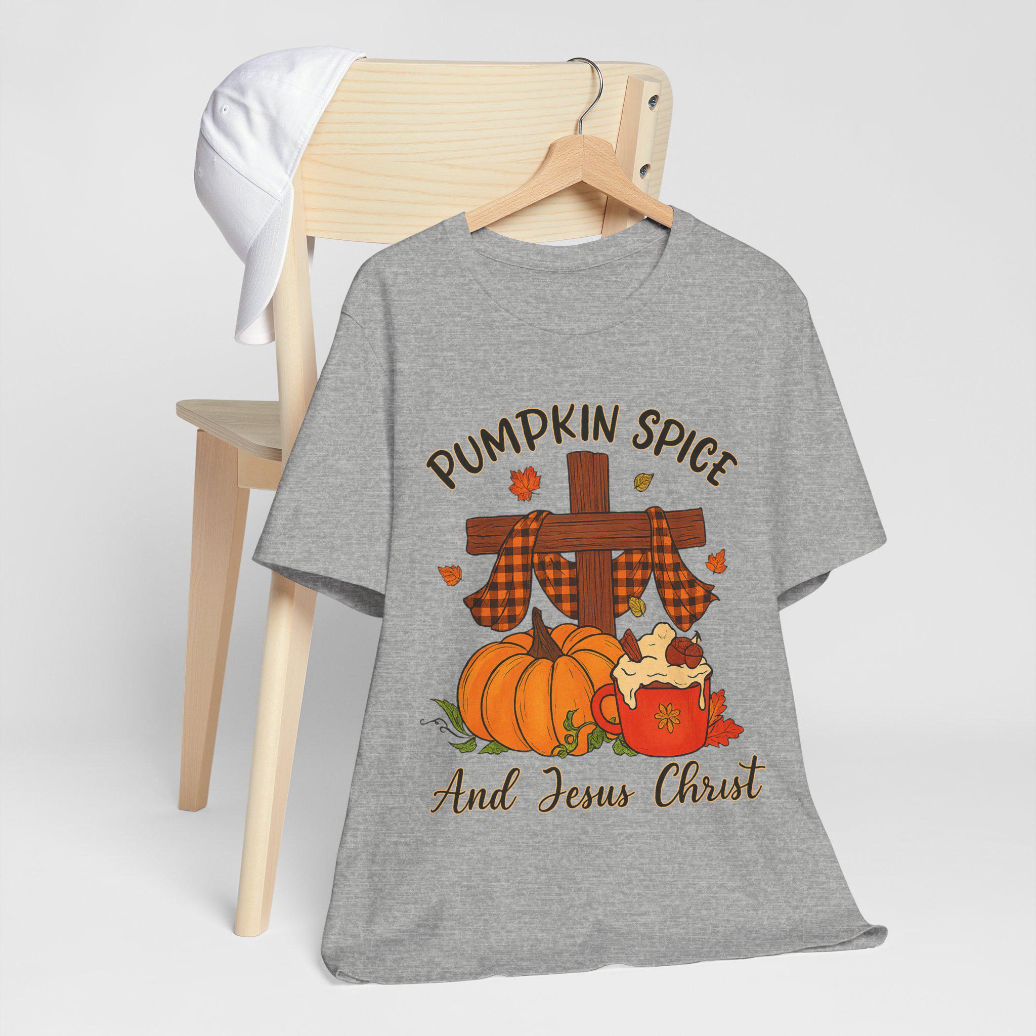 Pumpkin Spice and Jesus Christ Christian T-Shirt, Fall Quilt Collection Tee, Faith Apparel Shirt, Women's Cozy Autumn Top, Rustic Cross Tee