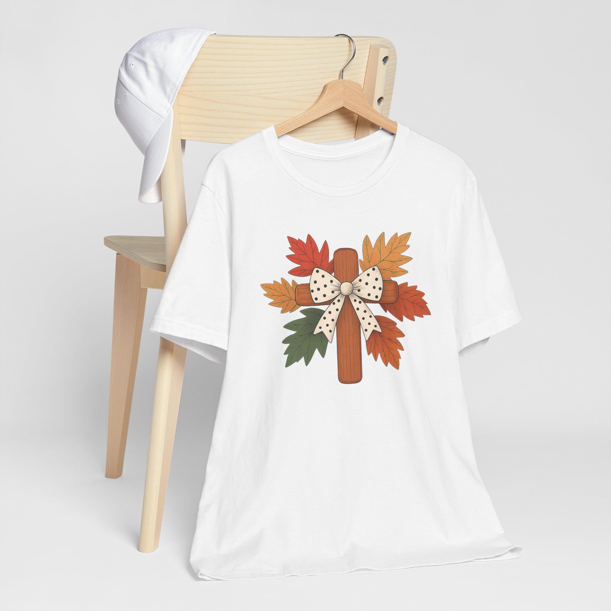 Christian Fall Cross with Polka Dot Bow, Unisex Tee, Cross Autumn Leaves Shirt, Cozy Fall Quilt Collection Top, Christian Faith Tee Women