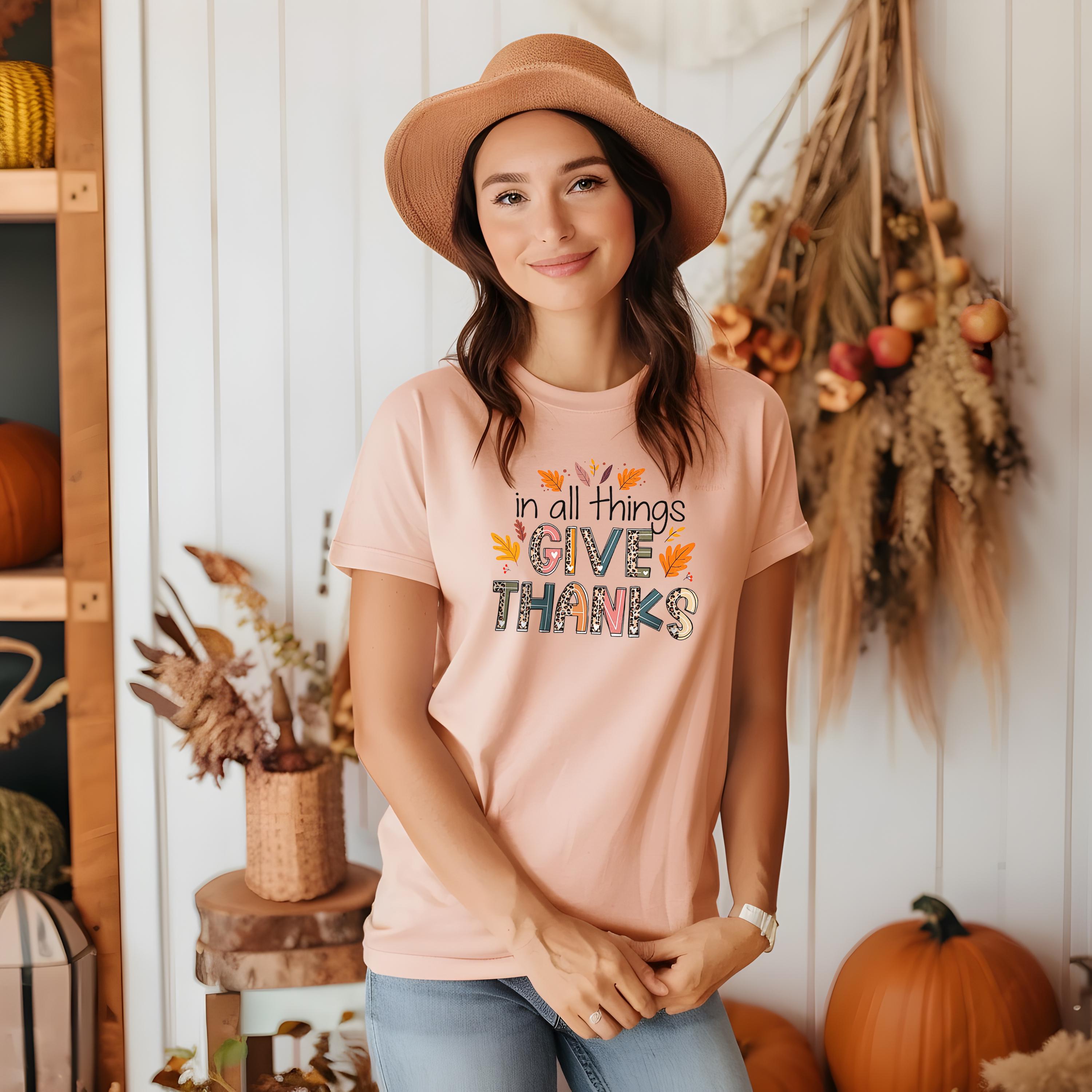 In All Things Give Thanks Shirt, Fall Quilt Collection, Christian Gratitude Tee Women, 1 Thessalonians 5:18 Shirt, Gratitude Gift, Cozy Fall