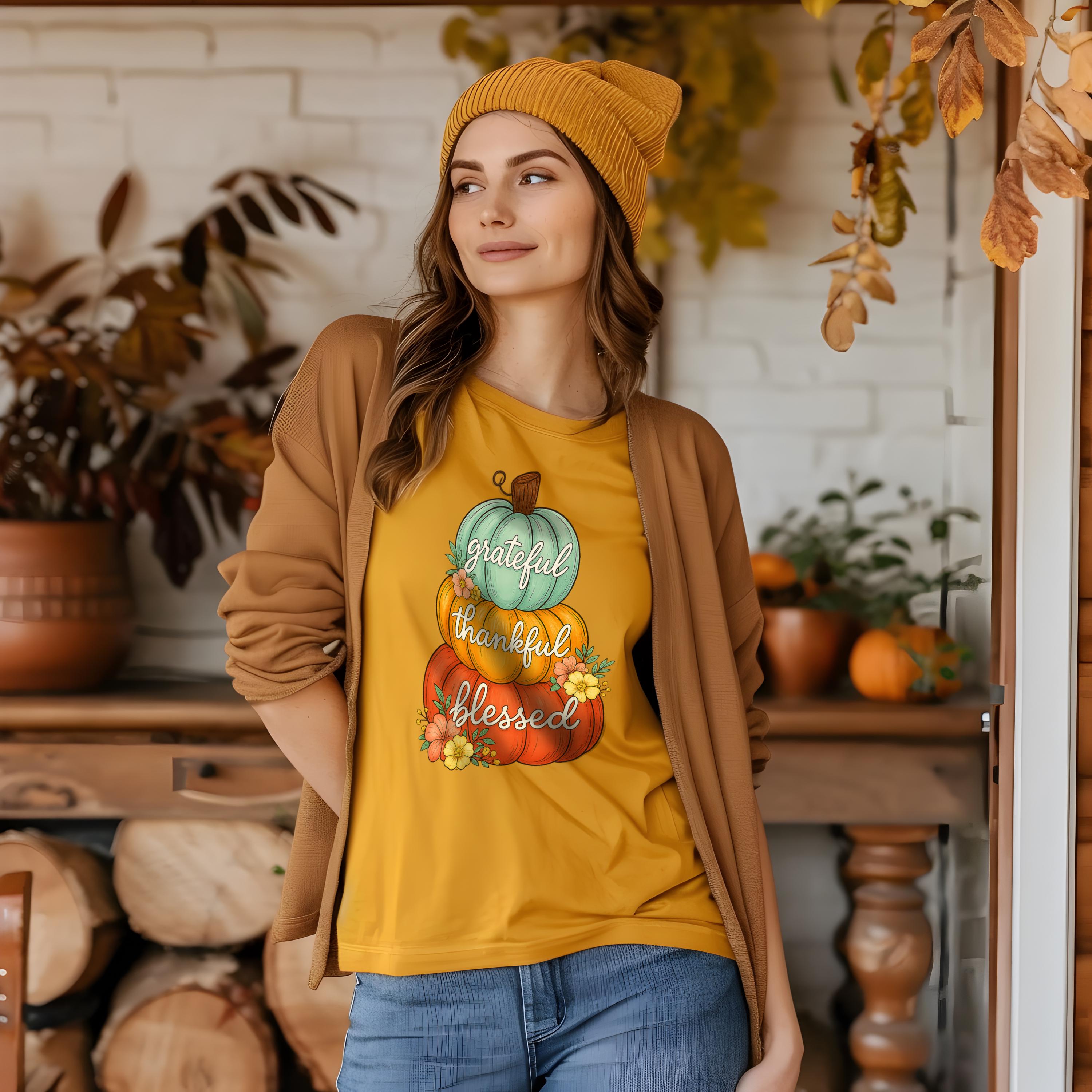 Grateful Thankful Blessed Fall Collection, Christian Pumpkin T-Shirt for Women, Fall Top, Thanksgiving Shirt, Faith Apparel, Cozy Tee, Girls