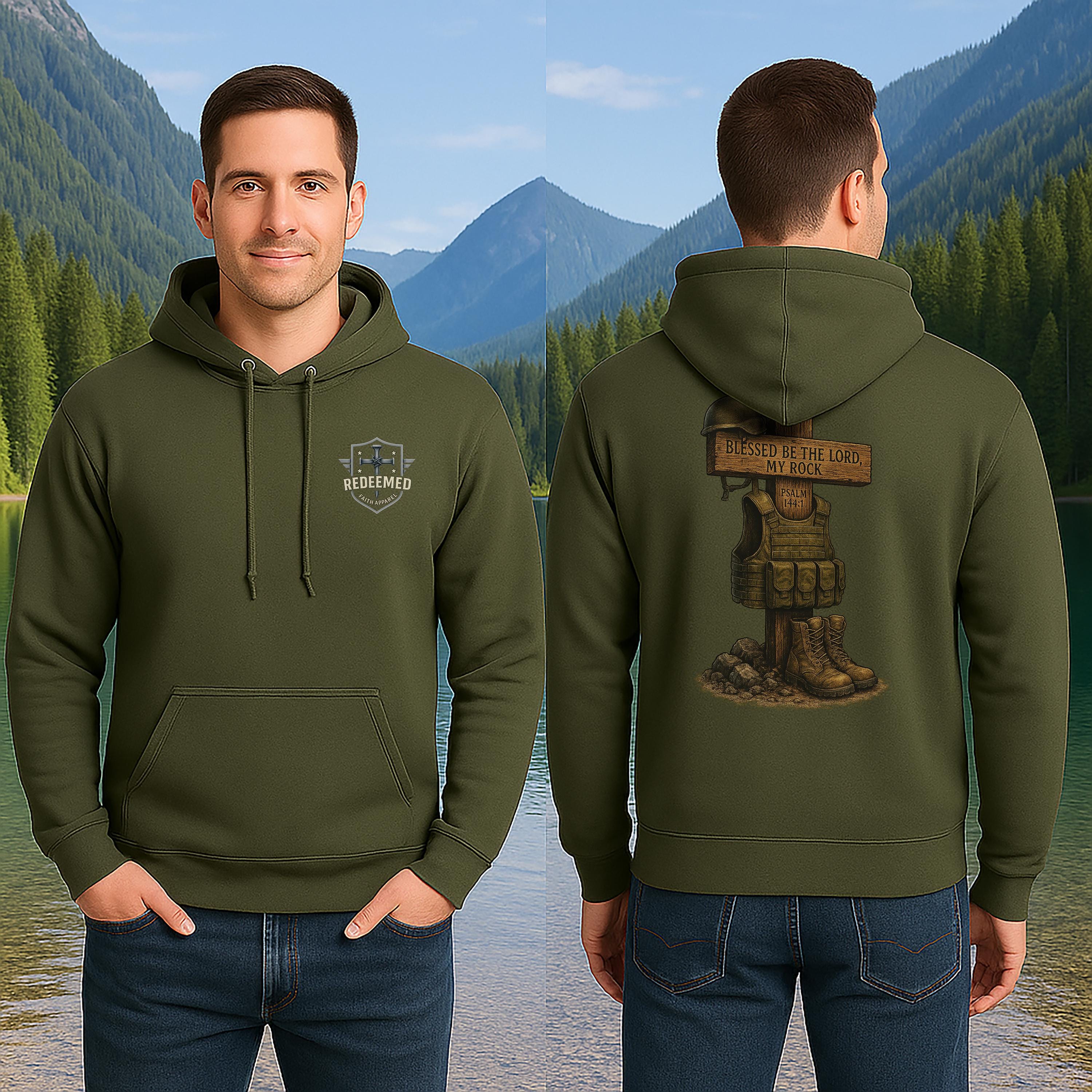 Blessed Be the Lord My Rock Hoodie, Psalm 144:1 Military Faith Hoodie | Hooded Sweatshirt for Spirit and Strength | Unisex Heavy Blend