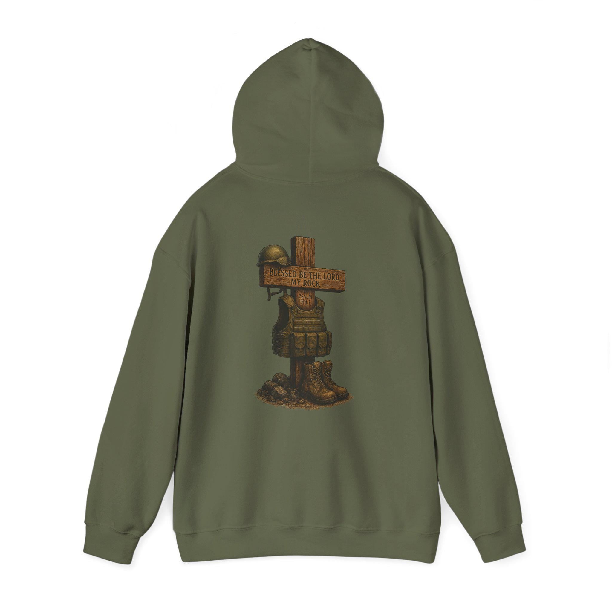 Blessed Be the Lord My Rock Hoodie, Psalm 144:1 Military Faith Hoodie | Hooded Sweatshirt for Spirit and Strength | Unisex Heavy Blend