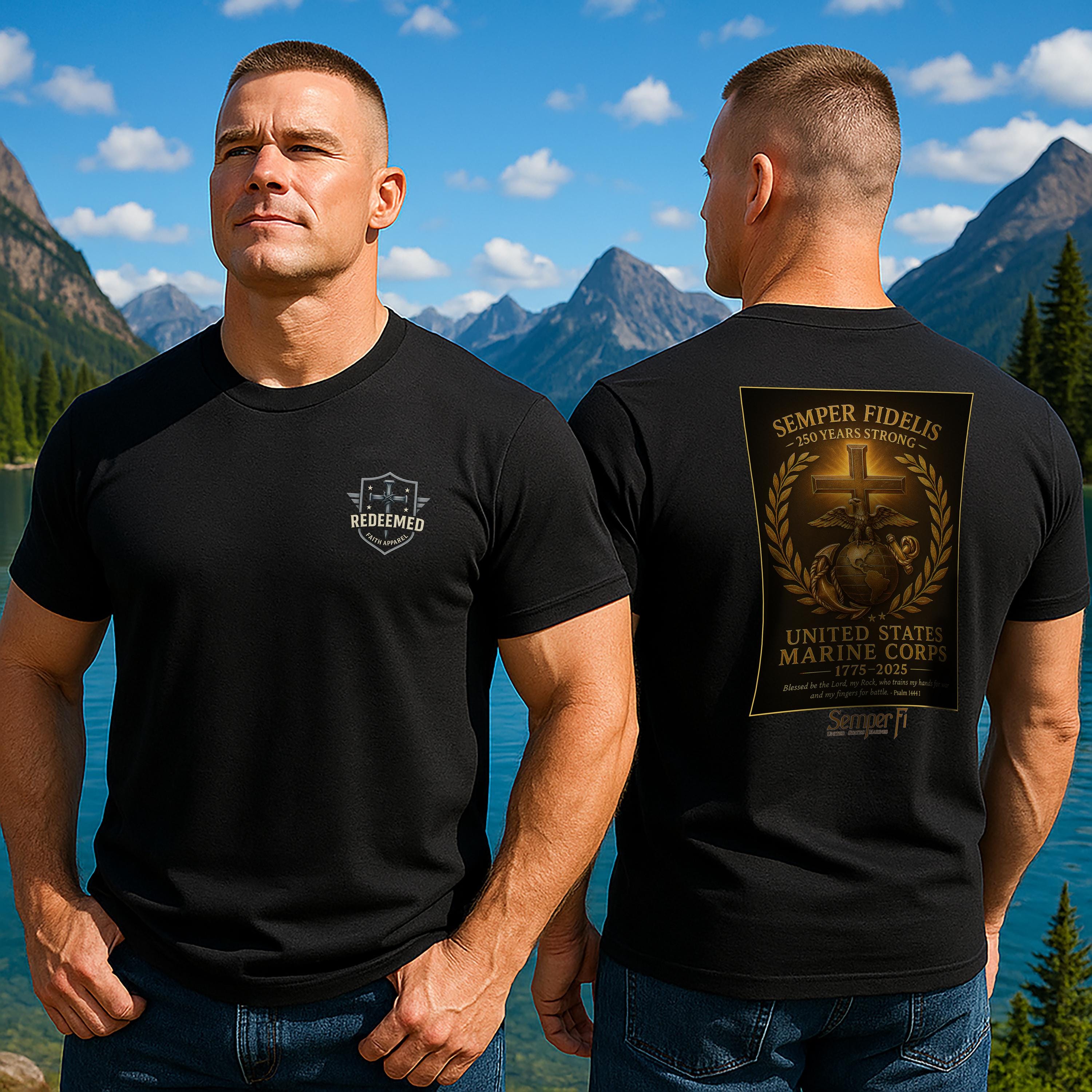 USMC 250th Anniversary, Semper Fidelis 250 Years Strong T-Shirt - USMC 1775-2025, Psalm 144:1, Christian Apparel Men, United States Marines