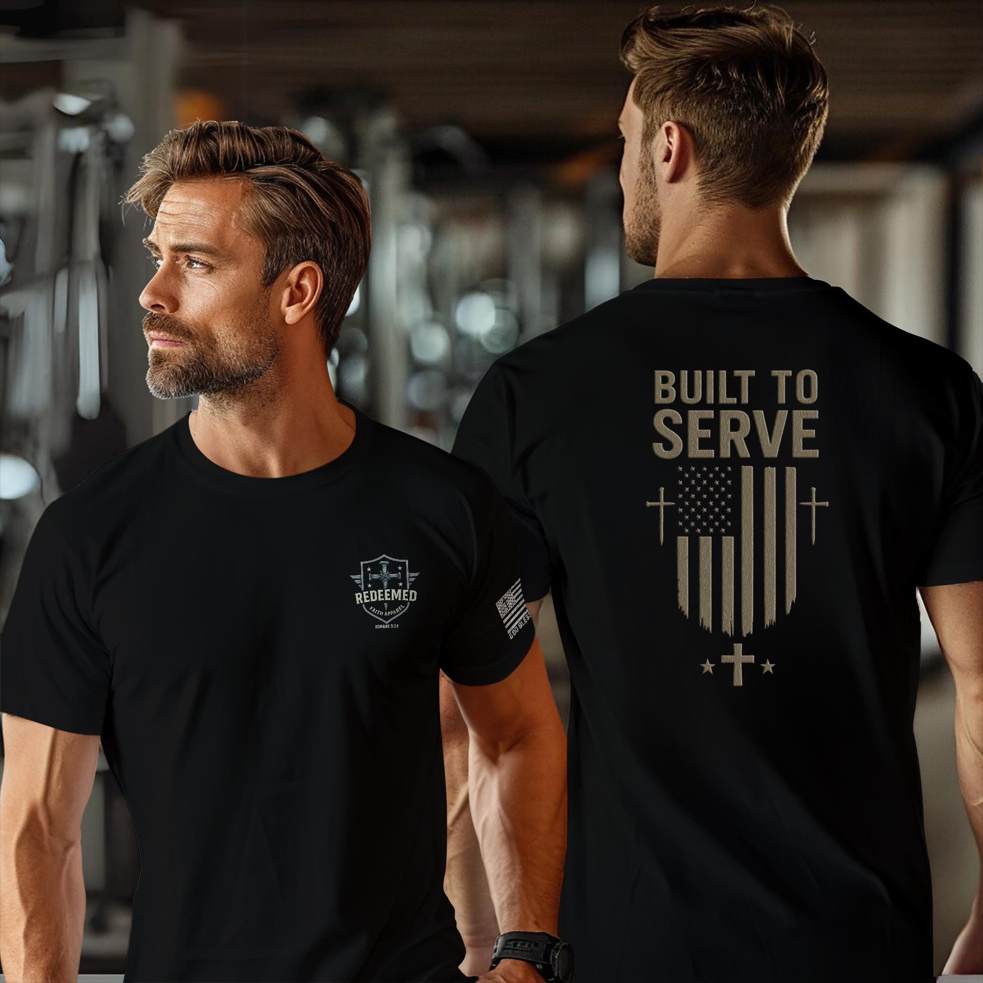 Built to Serve Christian T-Shirt: Patriotic American Flag Cross Tee