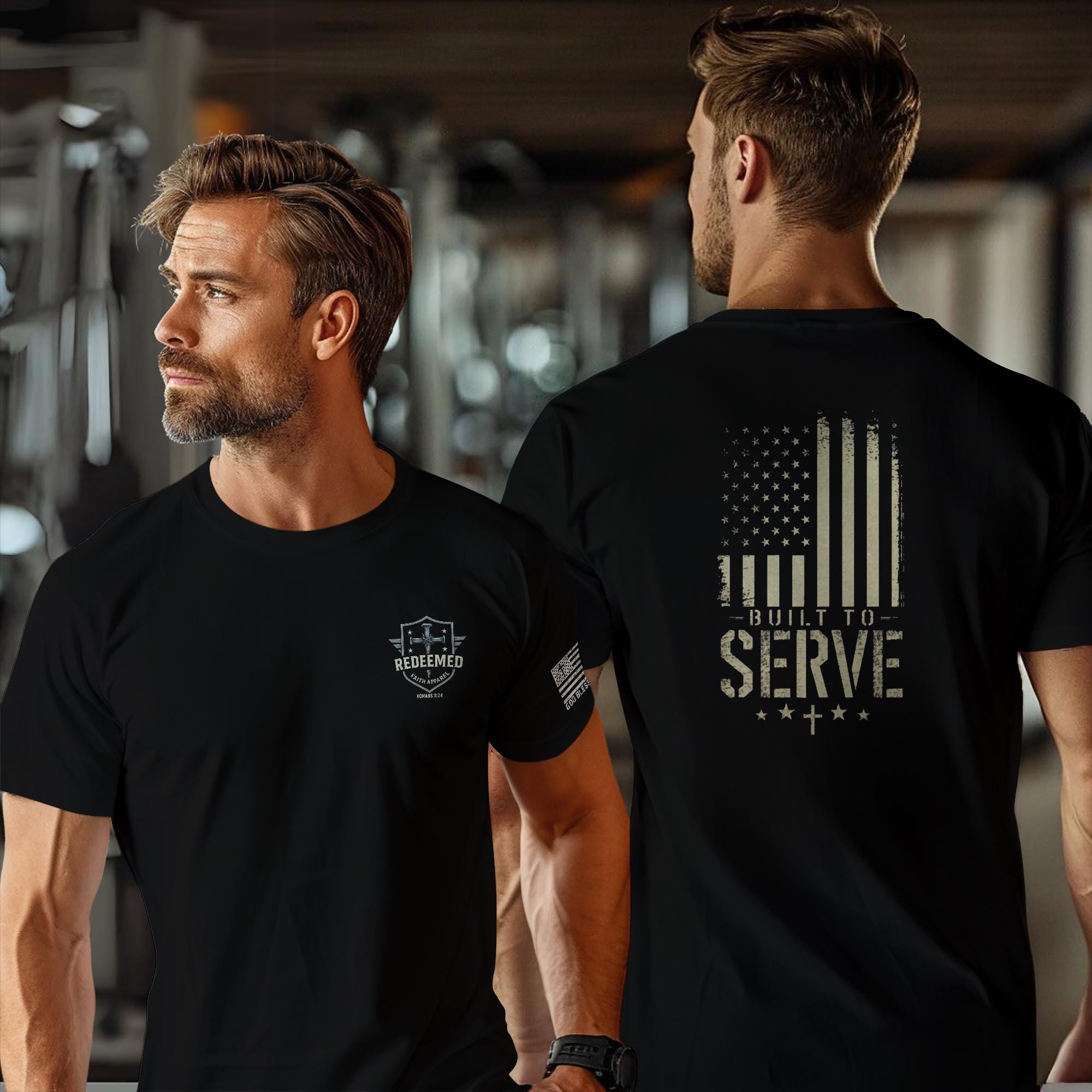 Built to Serve T-Shirt: Christian Patriotic Distressed American Flag Tee