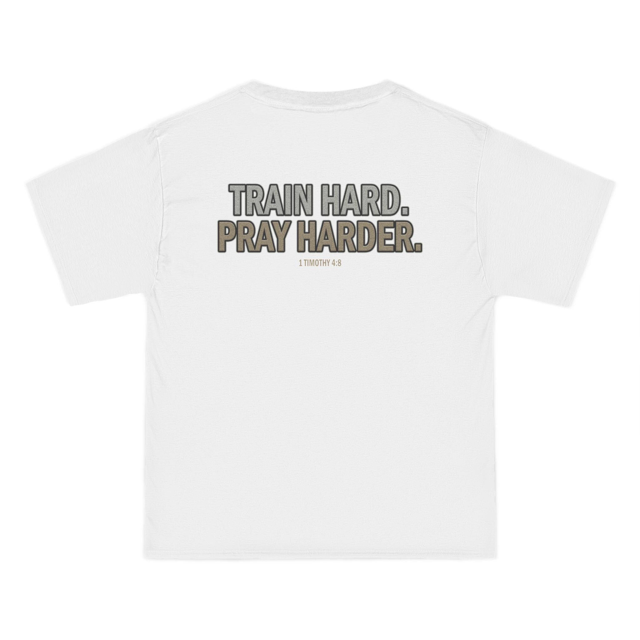 Train Hard Pray Harder Shirt - Christian Fitness T-Shirt, Faith Gym Tee, 1 Timothy 48 Bible Verse Workout Apparel, T-Shirt for Men and Women