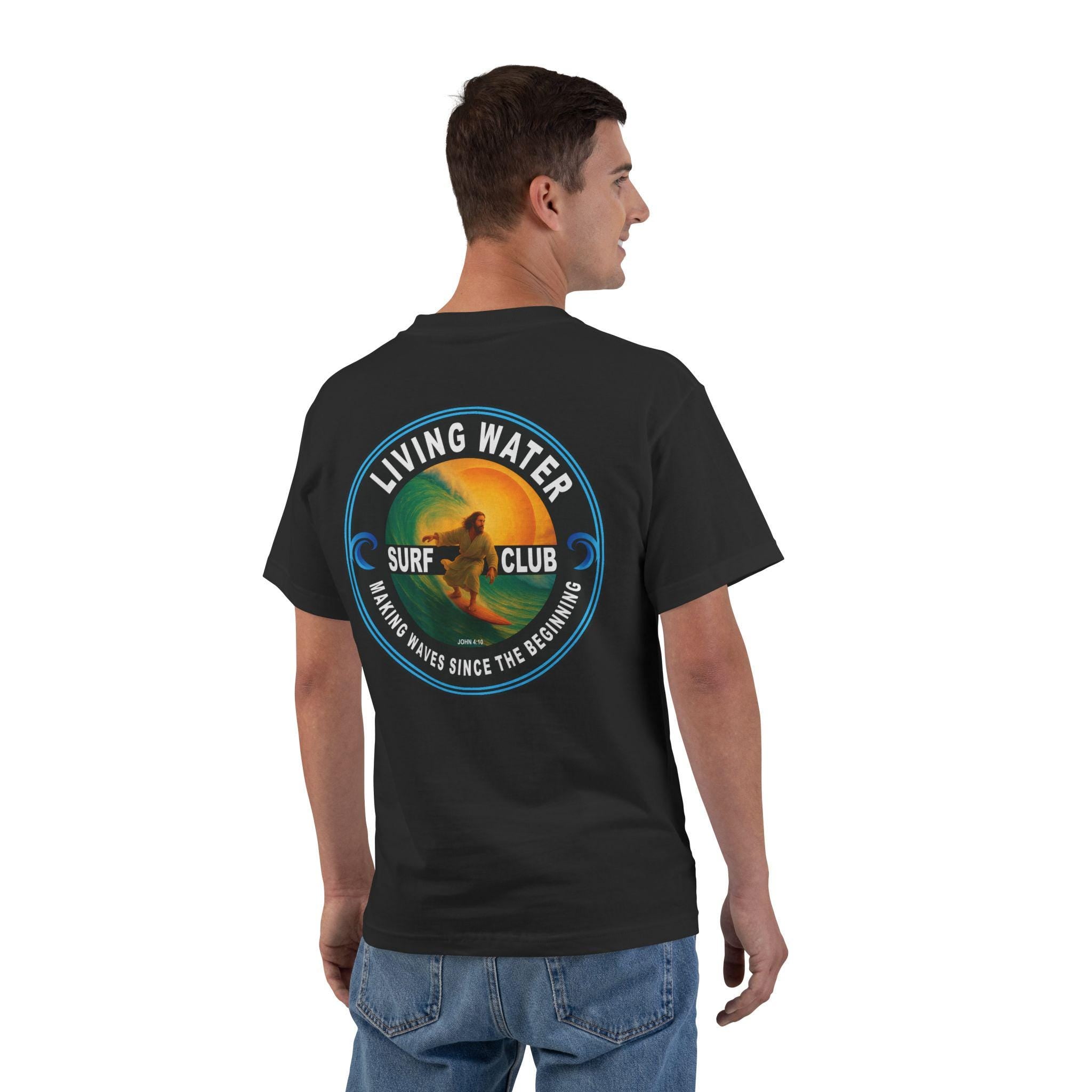 Living Water Surf Club T-Shirt, Jesus Surfing Design, Making Waves Since The Beginning, John 410 Christian Surf Tee, Beach Wear Surfing Gift