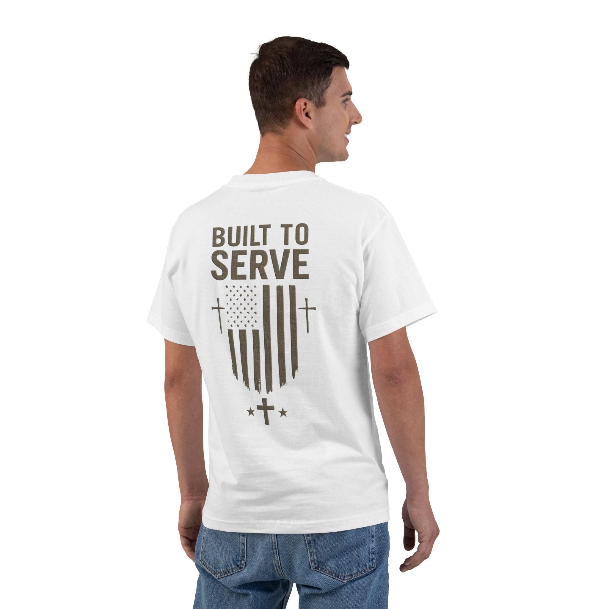 Built to Serve Christian T-Shirt: Patriotic American Flag Cross Tee