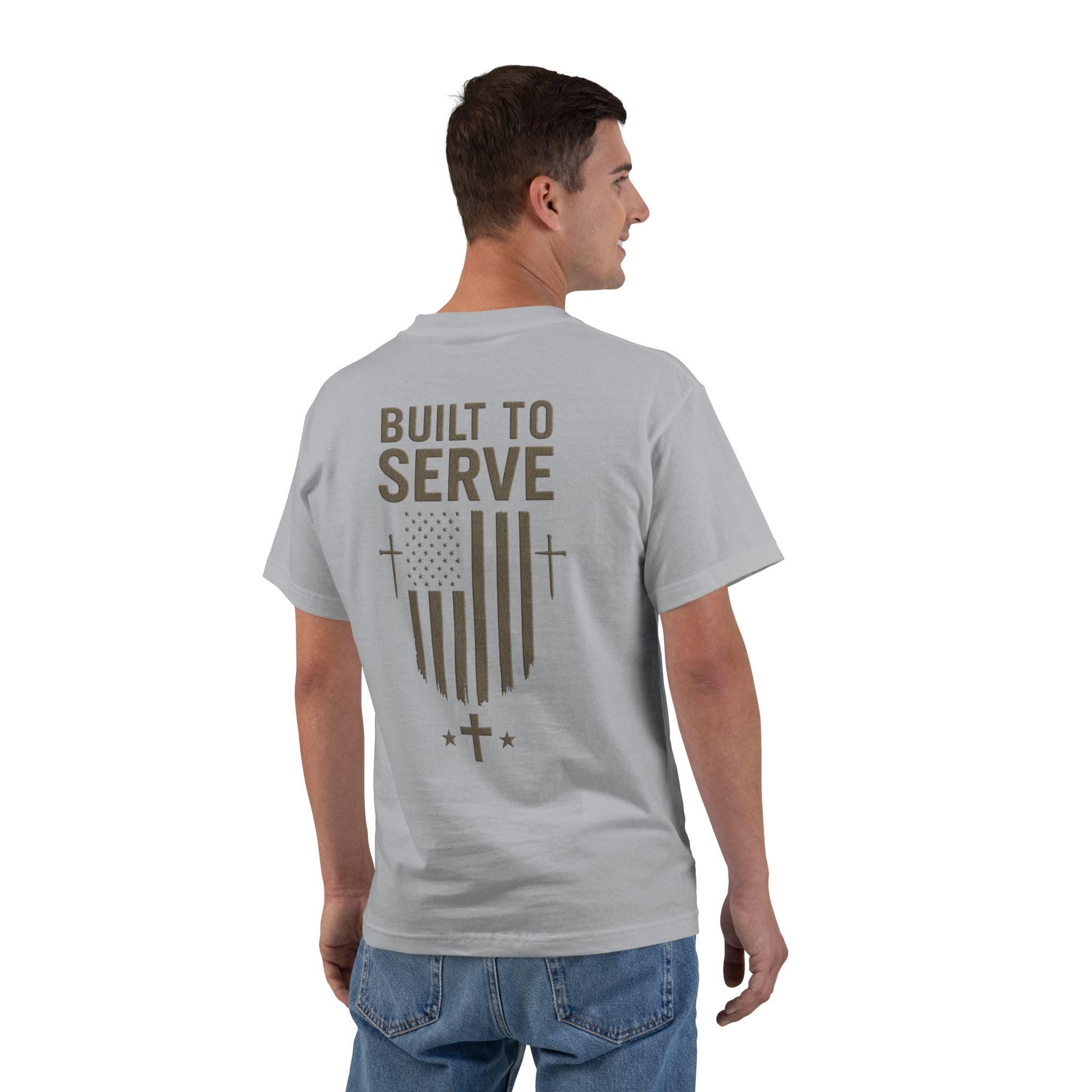Built to Serve Christian T-Shirt: Patriotic American Flag Cross Tee