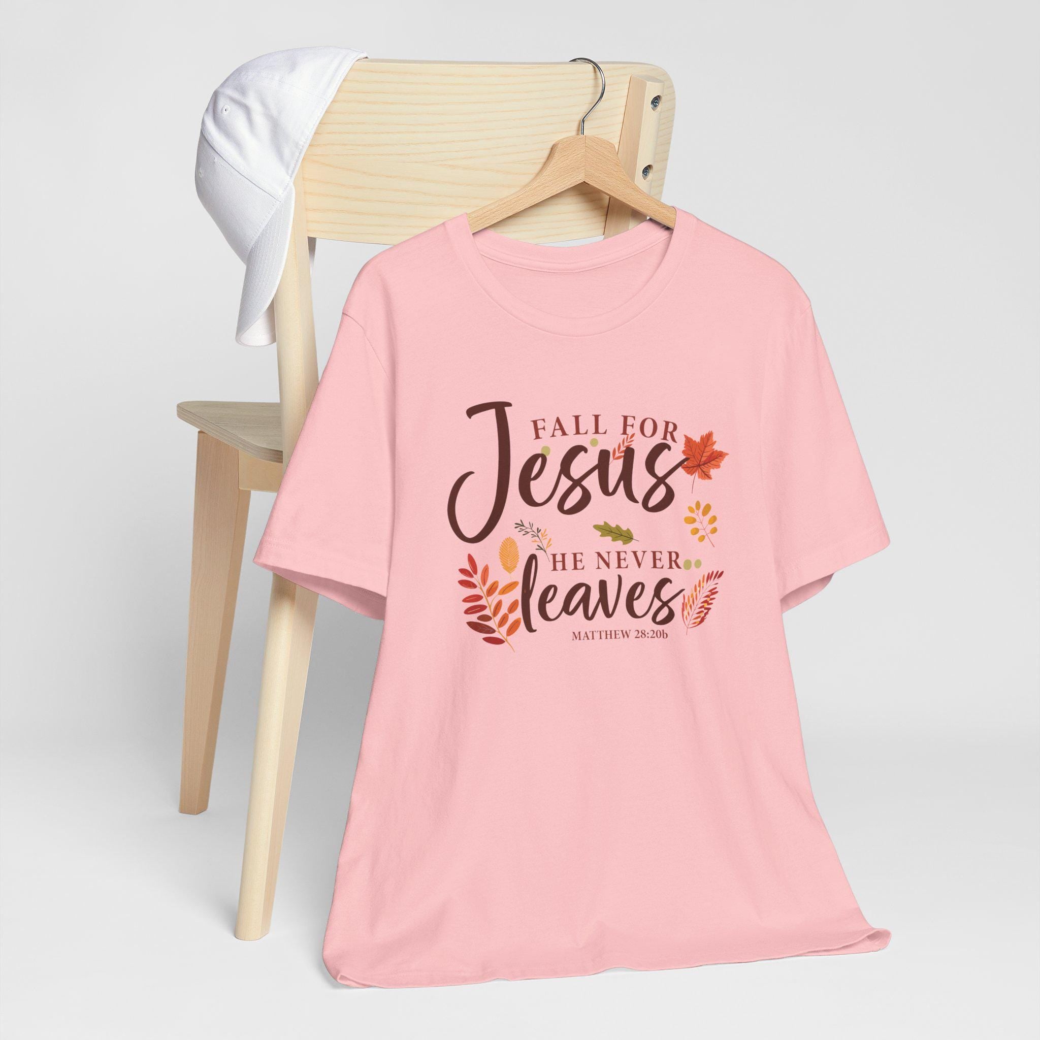 Fall for Jesus He Never Leaves T-Shirt - Matthew 28:20b Christian Fall Tee, Autumn Faith Shirt for Women, Christian Womens Fall T-Shirt