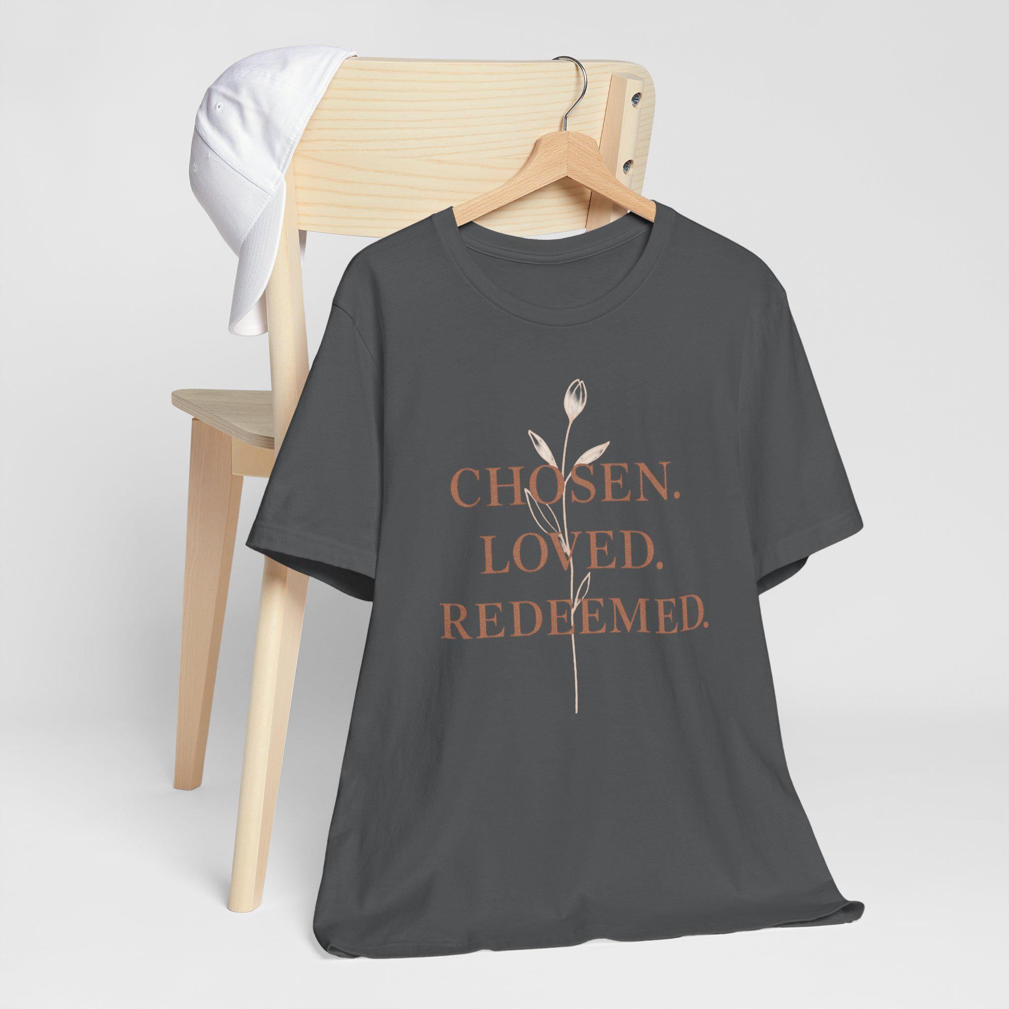 Chosen. Loved. Redeemed. Womens Christian T-Shirt - Faith Inspiration Tee, Minimalist Bible Verse Apparel, Redeemed Faith Apparel