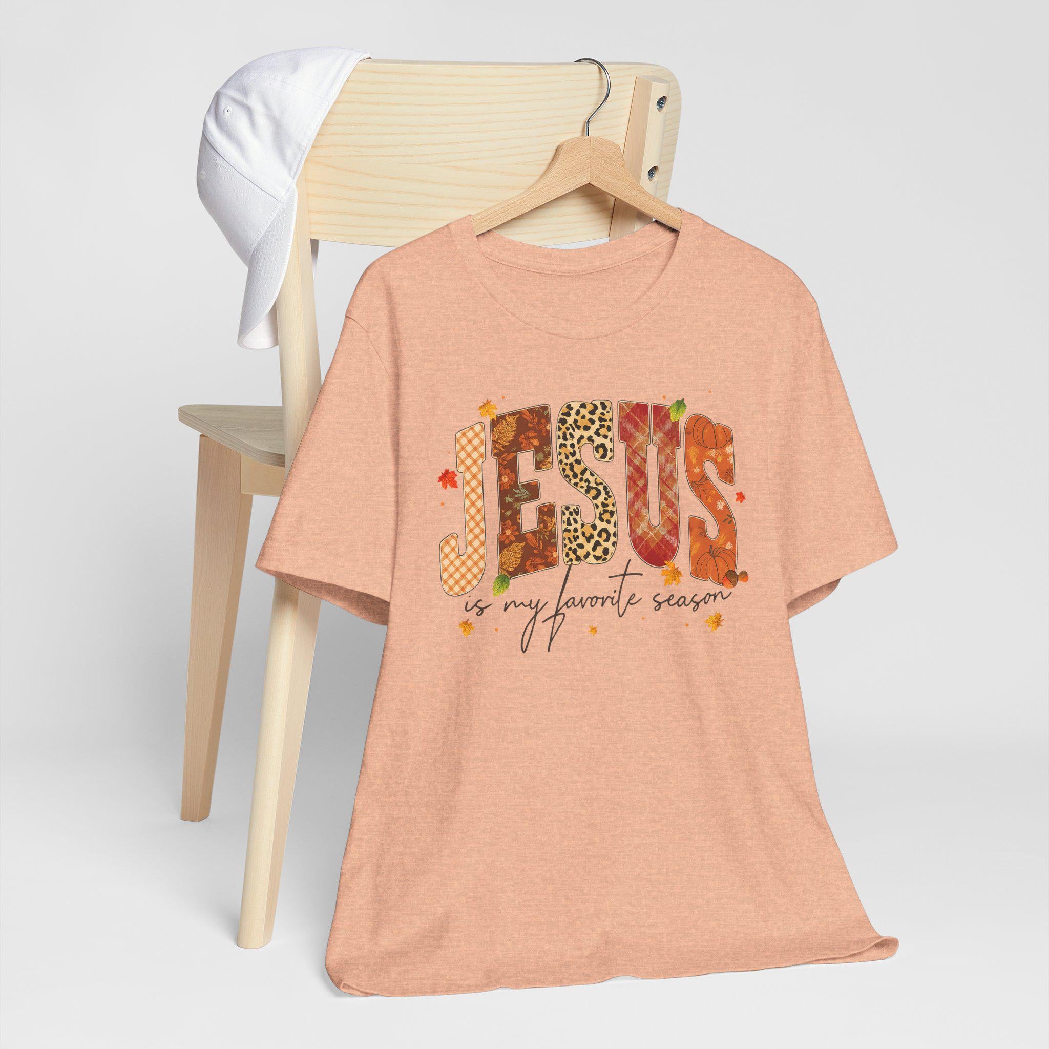 Jesus Is My Favorite Season Christian T-Shirt, Fall Quilt Series, Cozy Faith Patchwork Tee for Women, Christian Fall Quilt T-Shirt, Fall Tee