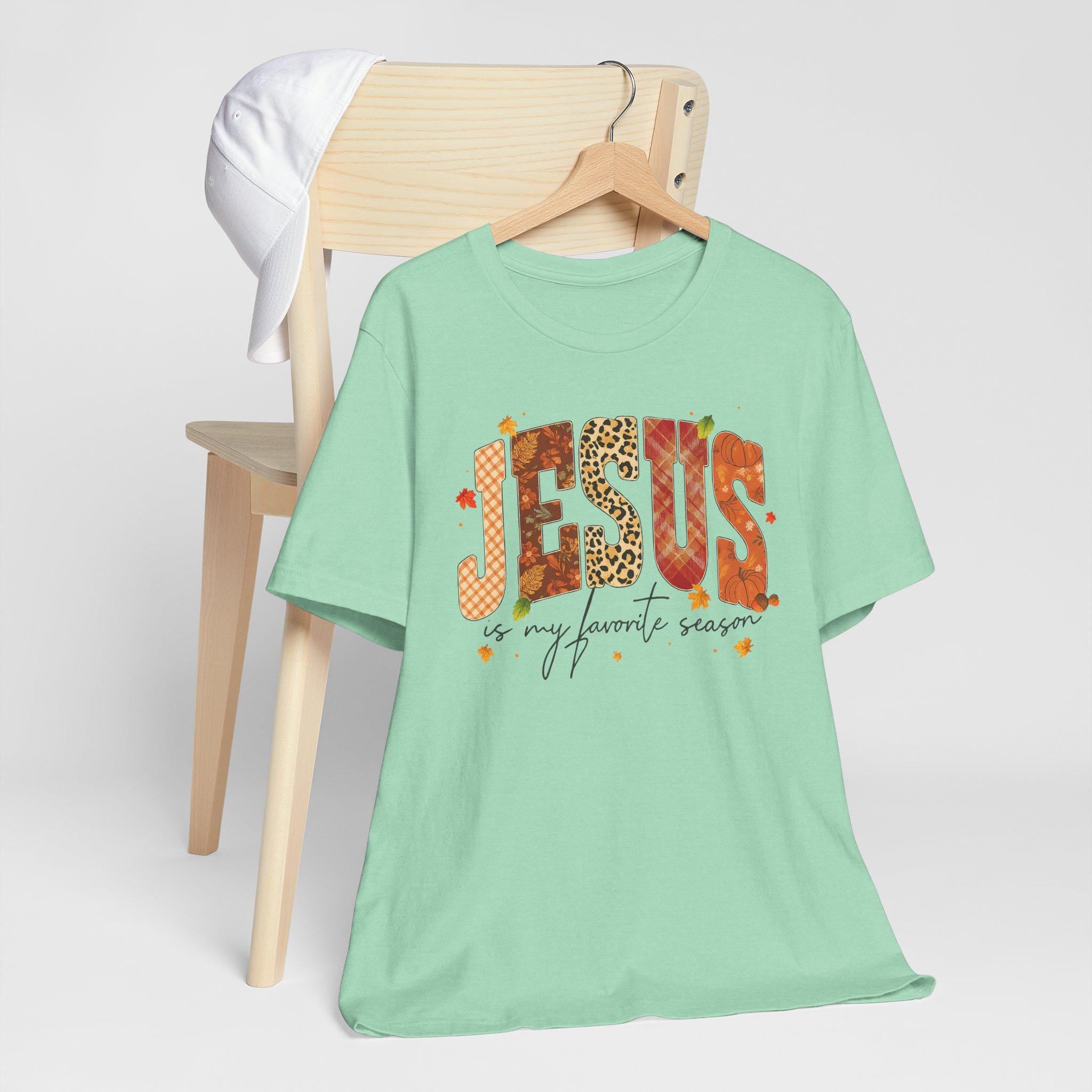 Jesus Is My Favorite Season Christian T-Shirt, Fall Quilt Series, Cozy Faith Patchwork Tee for Women, Christian Fall Quilt T-Shirt, Fall Tee