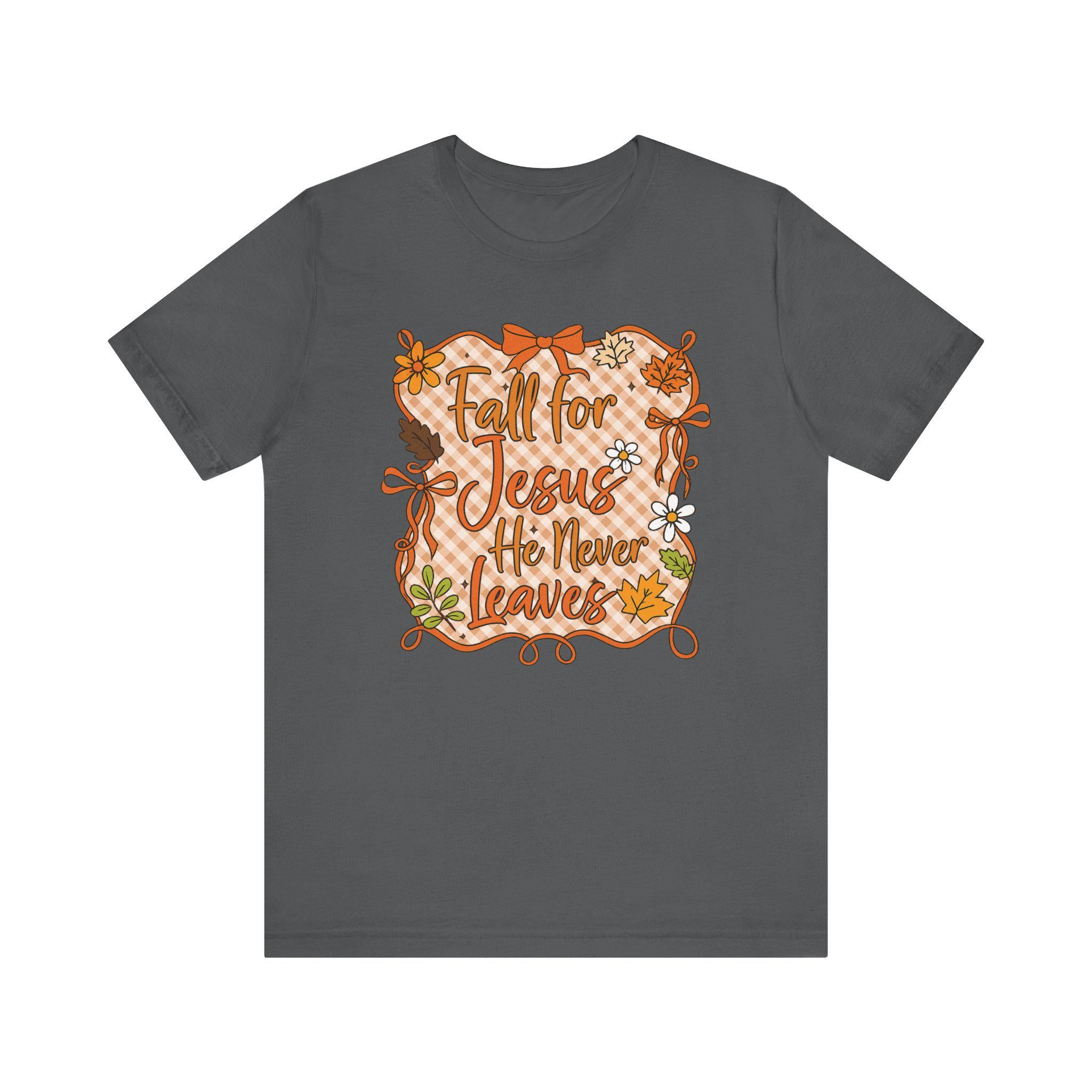 Fall for Jesus - He Never Leaves Christian T-Shirt | Matthew 28:20 Fall Quilt Series Tee, Cozy Faith Autumn Shirt for Women, Cozy Autumn Top