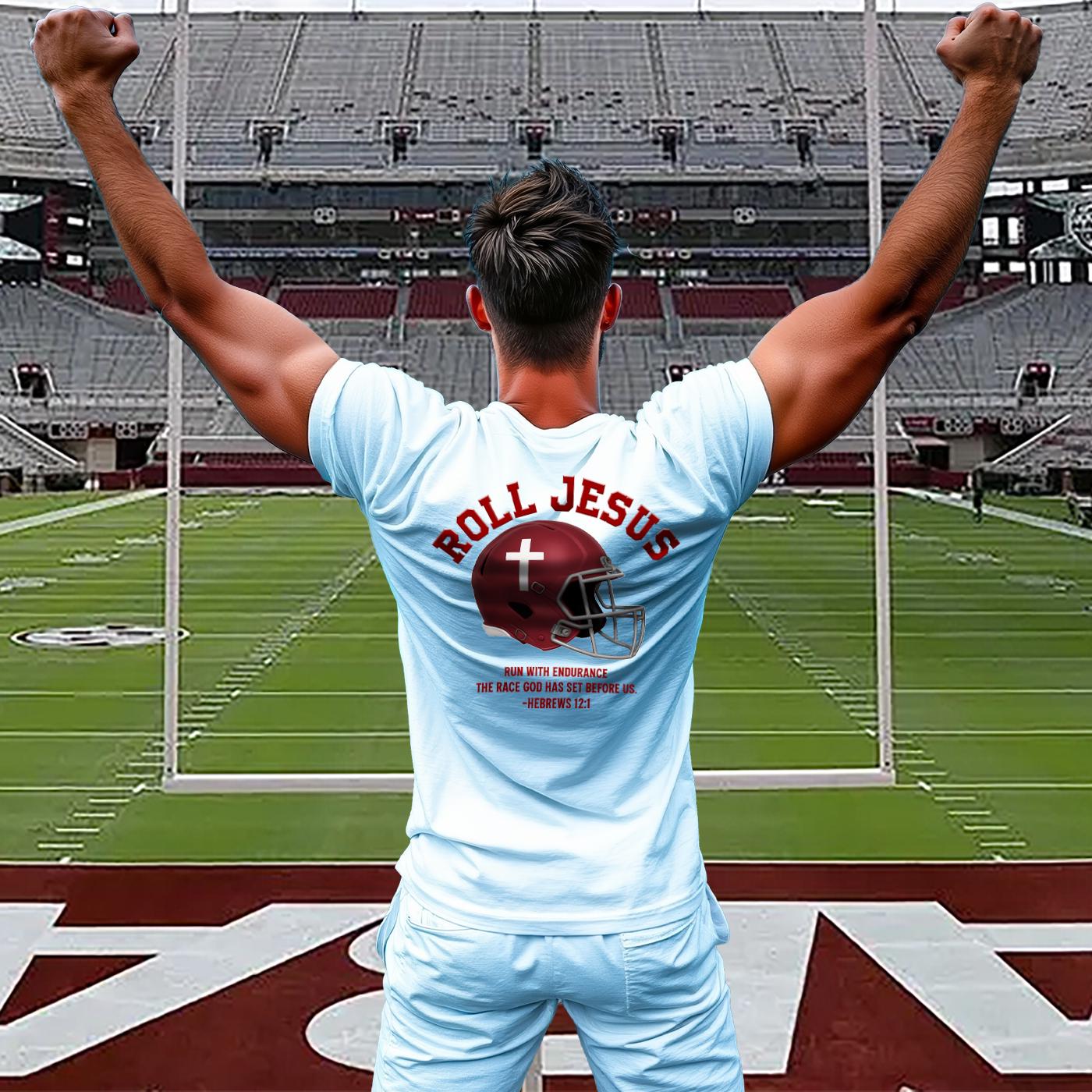 AL-Roll Jesus Faith Runs the Play, Alabama Christian T-Shirt, Faith-Inspired Sports, Alabama Football Shirt, Christian Apparel, Crimson Tide