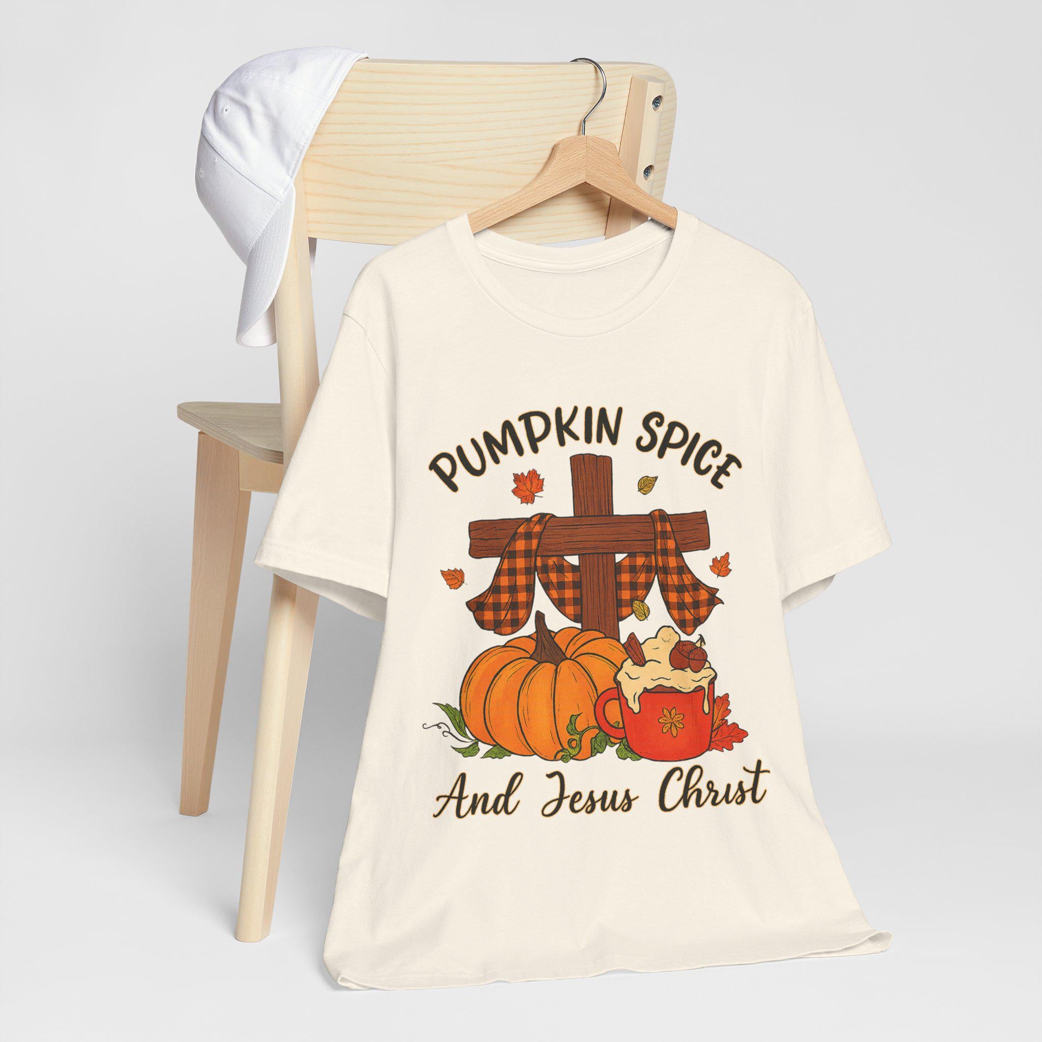 Pumpkin Spice and Jesus Christ Christian T-Shirt, Fall Quilt Collection Tee, Faith Apparel Shirt, Women's Cozy Autumn Top, Rustic Cross Tee