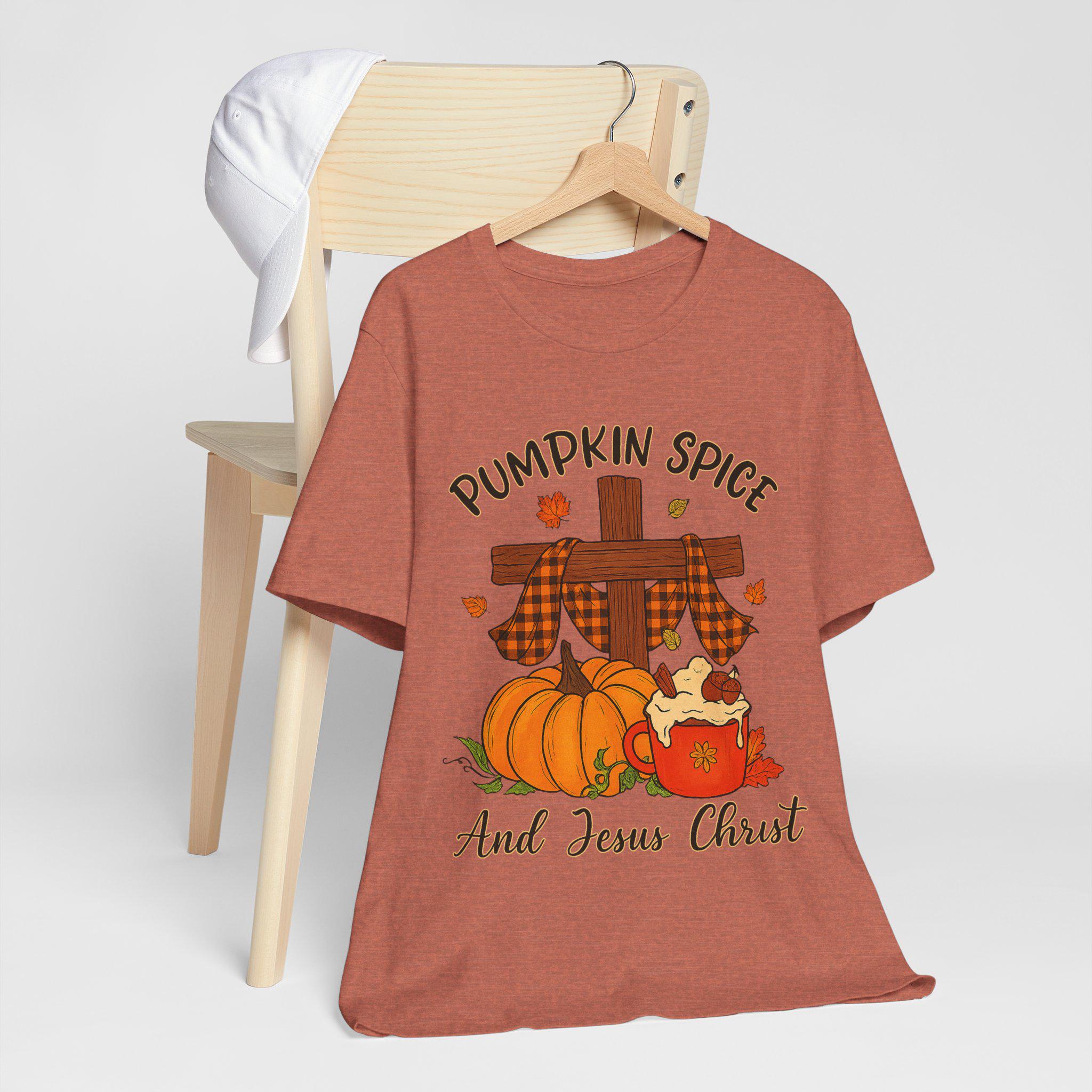 Pumpkin Spice and Jesus Christ Christian T-Shirt, Fall Quilt Collection Tee, Faith Apparel Shirt, Women's Cozy Autumn Top, Rustic Cross Tee