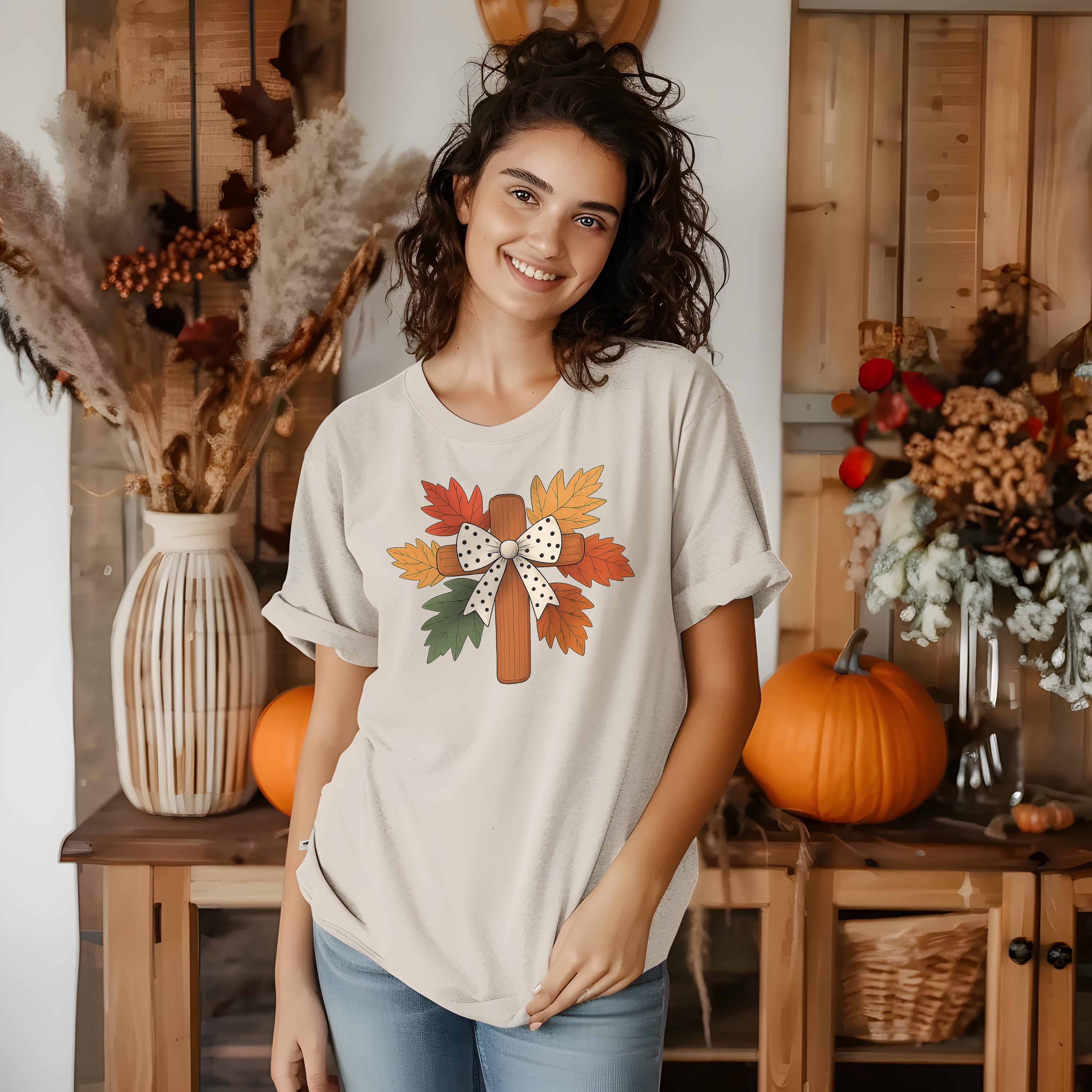 Christian Fall Cross with Polka Dot Bow, Unisex Tee, Cross Autumn Leaves Shirt, Cozy Fall Quilt Collection Top, Christian Faith Tee Women