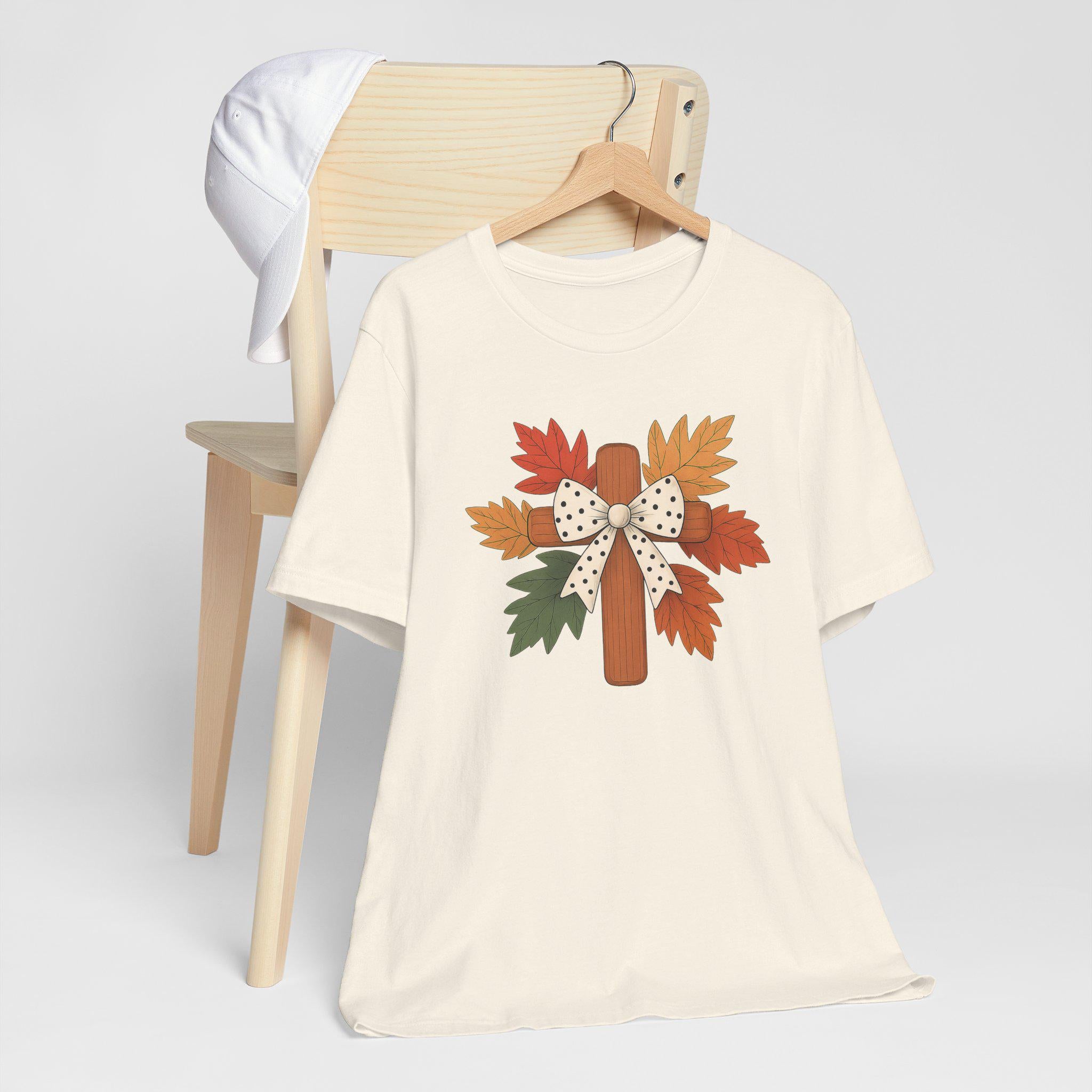 Christian Fall Cross with Polka Dot Bow, Unisex Tee, Cross Autumn Leaves Shirt, Cozy Fall Quilt Collection Top, Christian Faith Tee Women