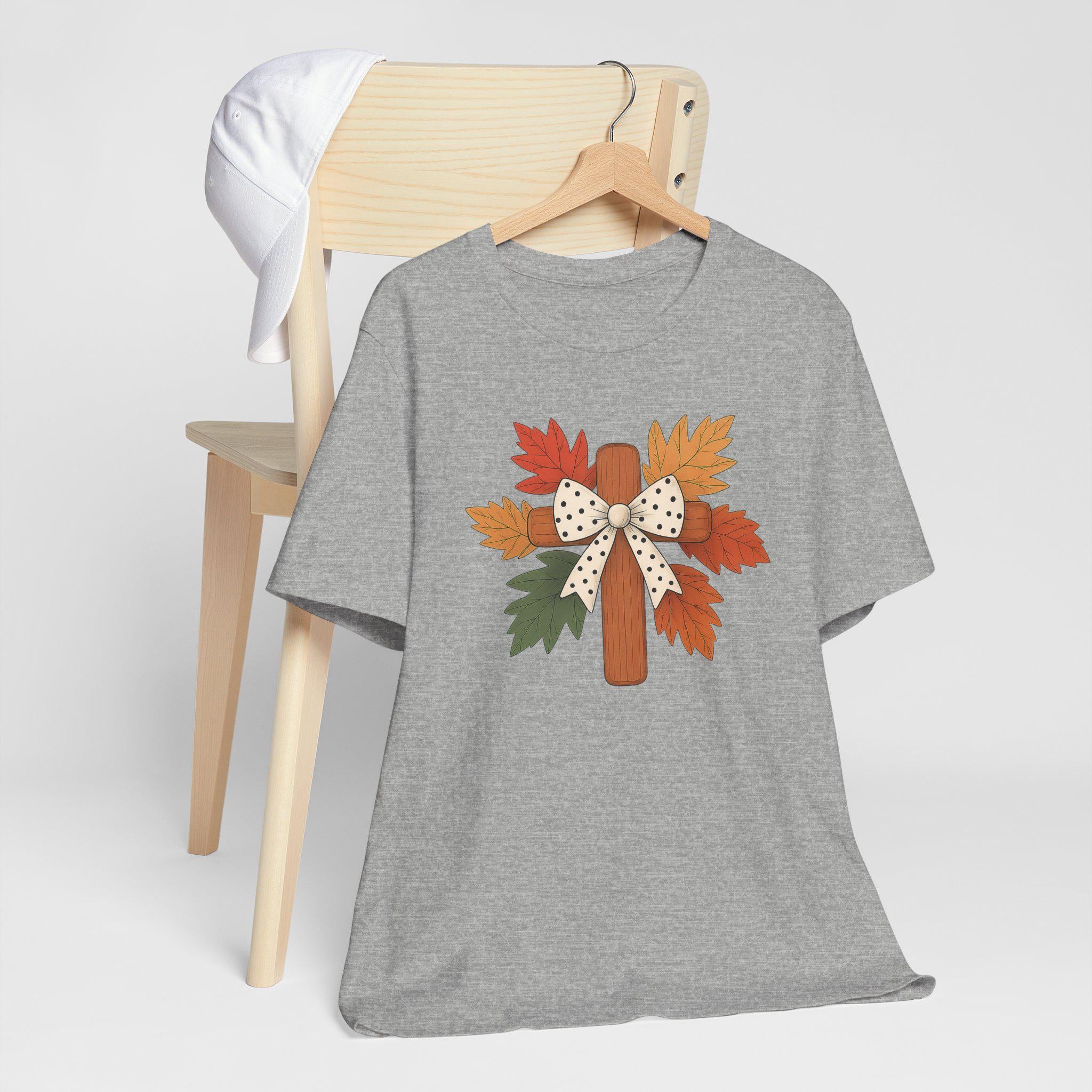 Christian Fall Cross with Polka Dot Bow, Unisex Tee, Cross Autumn Leaves Shirt, Cozy Fall Quilt Collection Top, Christian Faith Tee Women