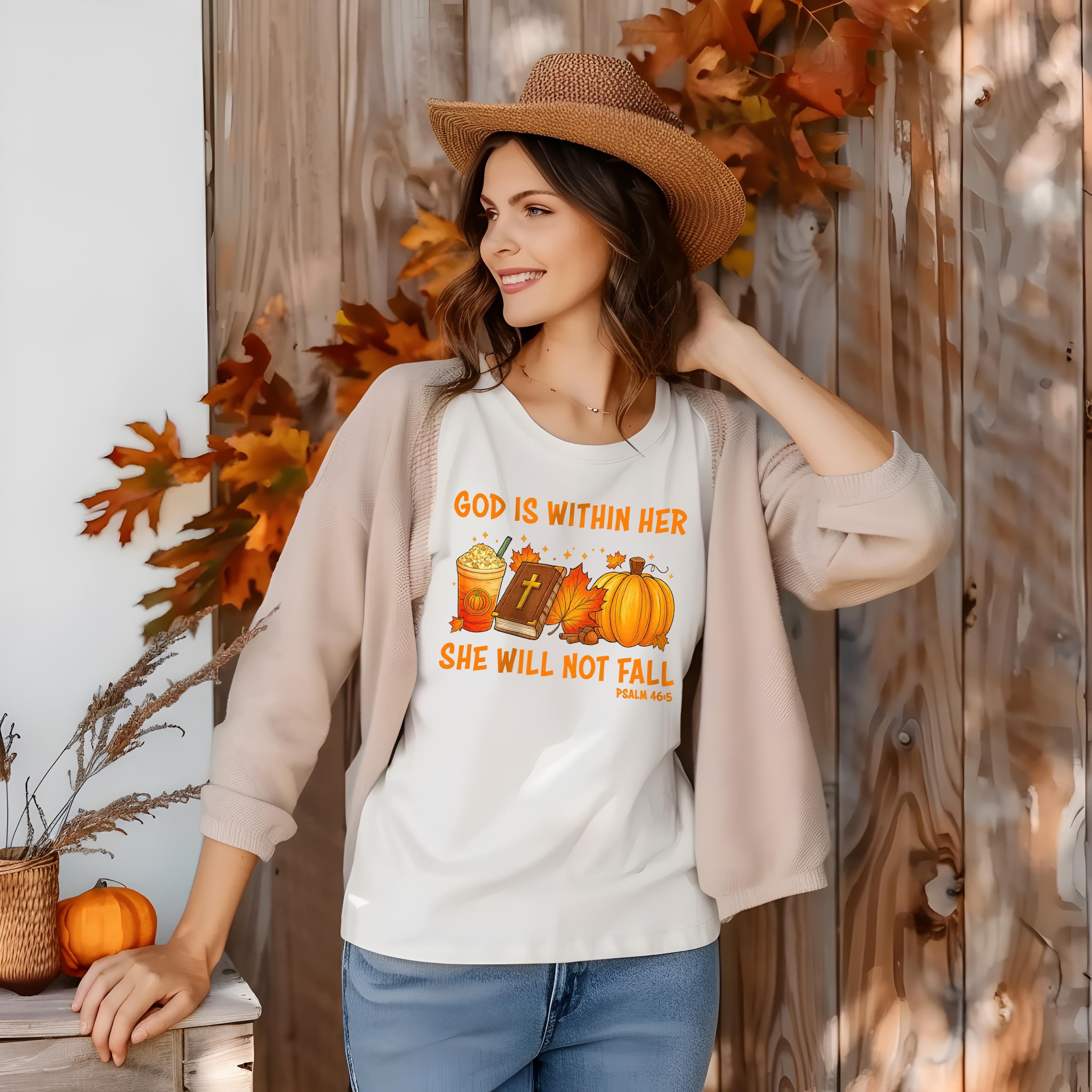 God Is Within Her She Will Not Fall Shirt | Psalm 46:5, Christian Fall Pumpkin Tee for Women, Unisex T-Shirt for Women, Pumpkin Spice Latte