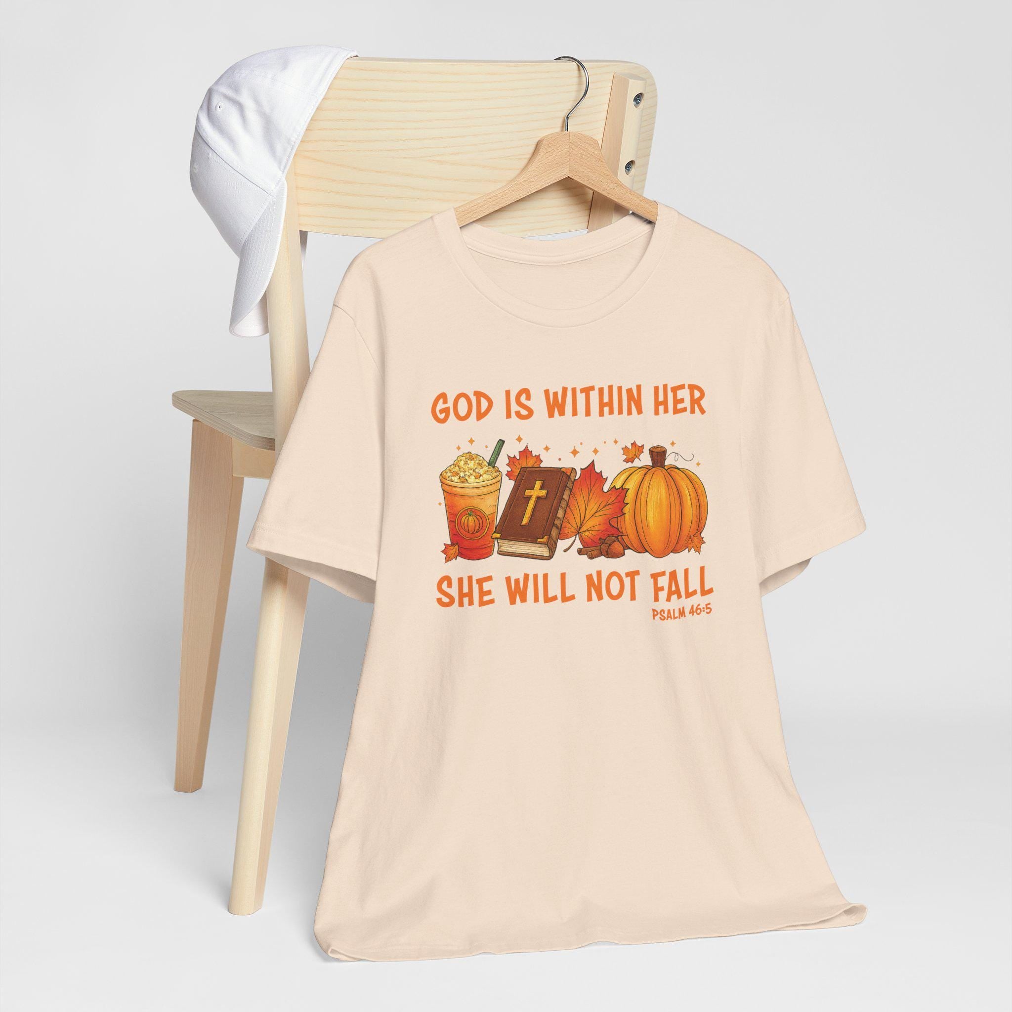God Is Within Her She Will Not Fall Shirt | Psalm 46:5, Christian Fall Pumpkin Tee for Women, Unisex T-Shirt for Women, Pumpkin Spice Latte