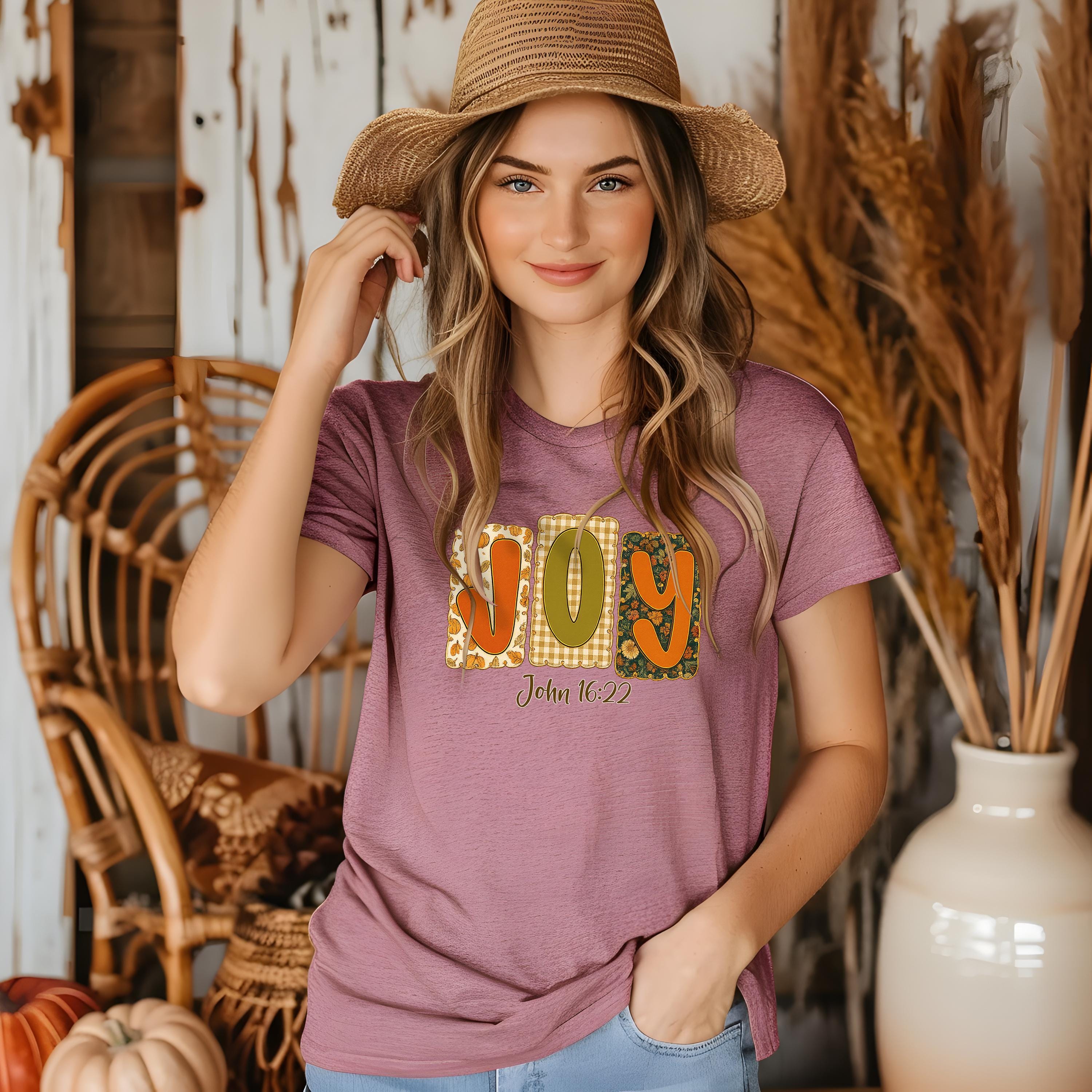JOY Christian T-Shirt, John 16:22, Fall Quilt Collection, Christian Scripture Tee for Women, Unisex Cotton Top, Christian Gifts for Women