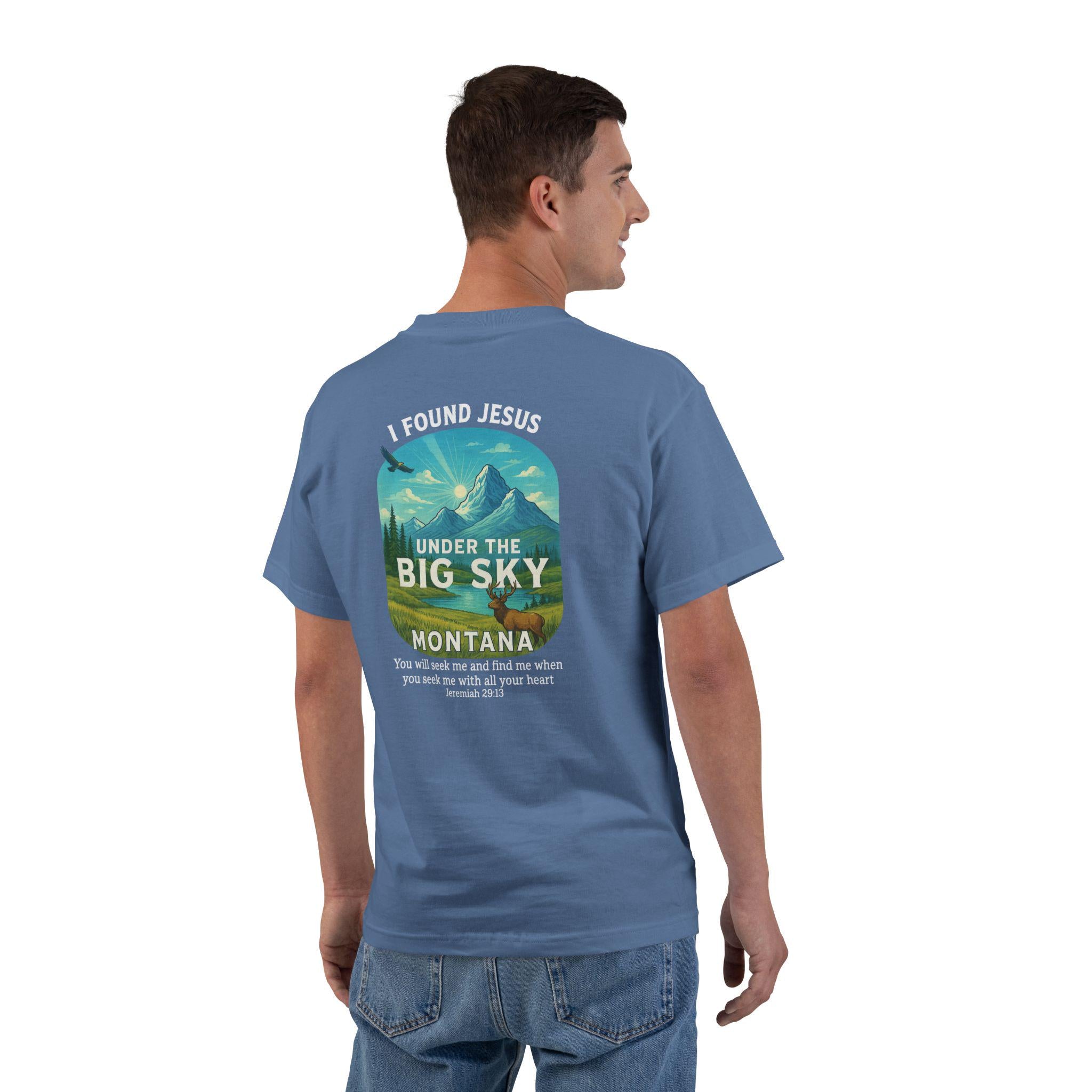 MT-I Found Jesus Under the Big Sky, Montana Christian Shirt, Jeremiah 2913, Faith T Shirt, Elk Design, God Bless America Collection