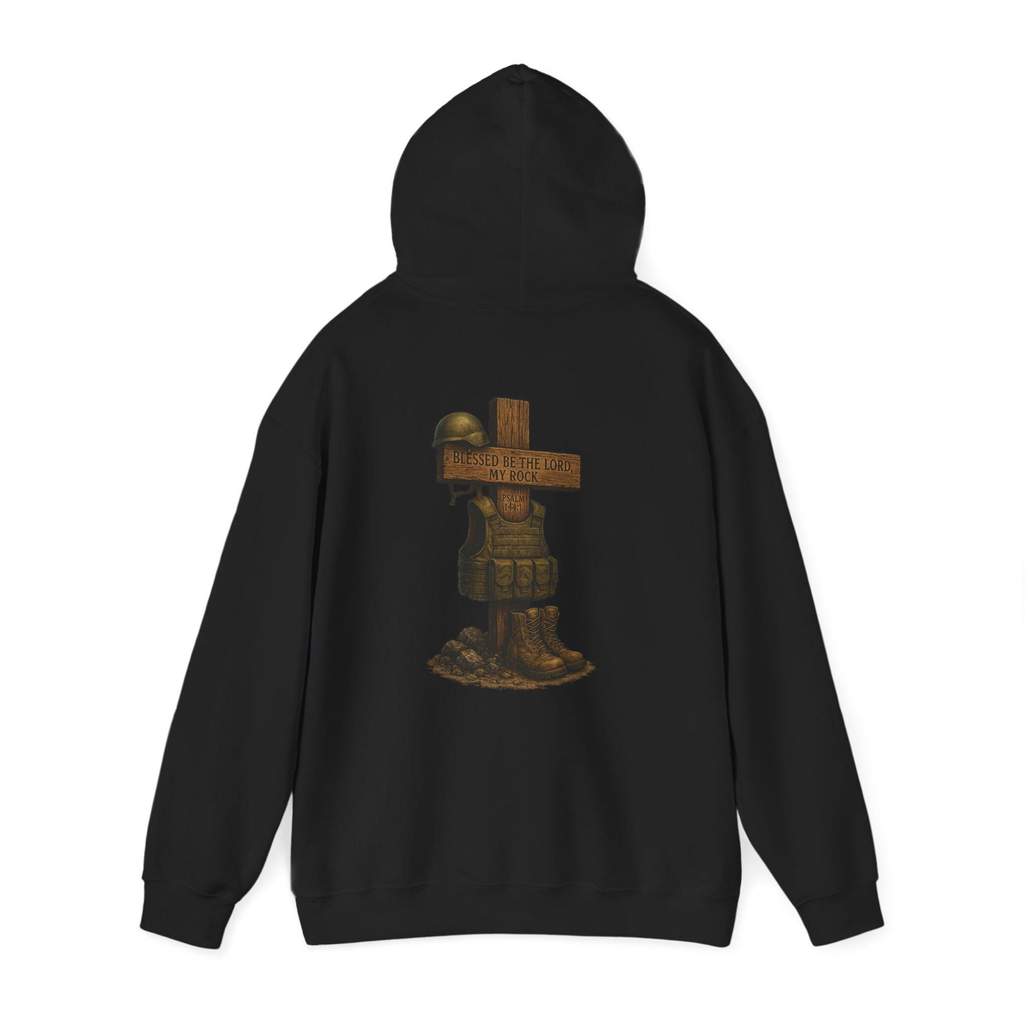 Blessed Be the Lord My Rock Hoodie, Psalm 144:1 Military Faith Hoodie | Hooded Sweatshirt for Spirit and Strength | Unisex Heavy Blend