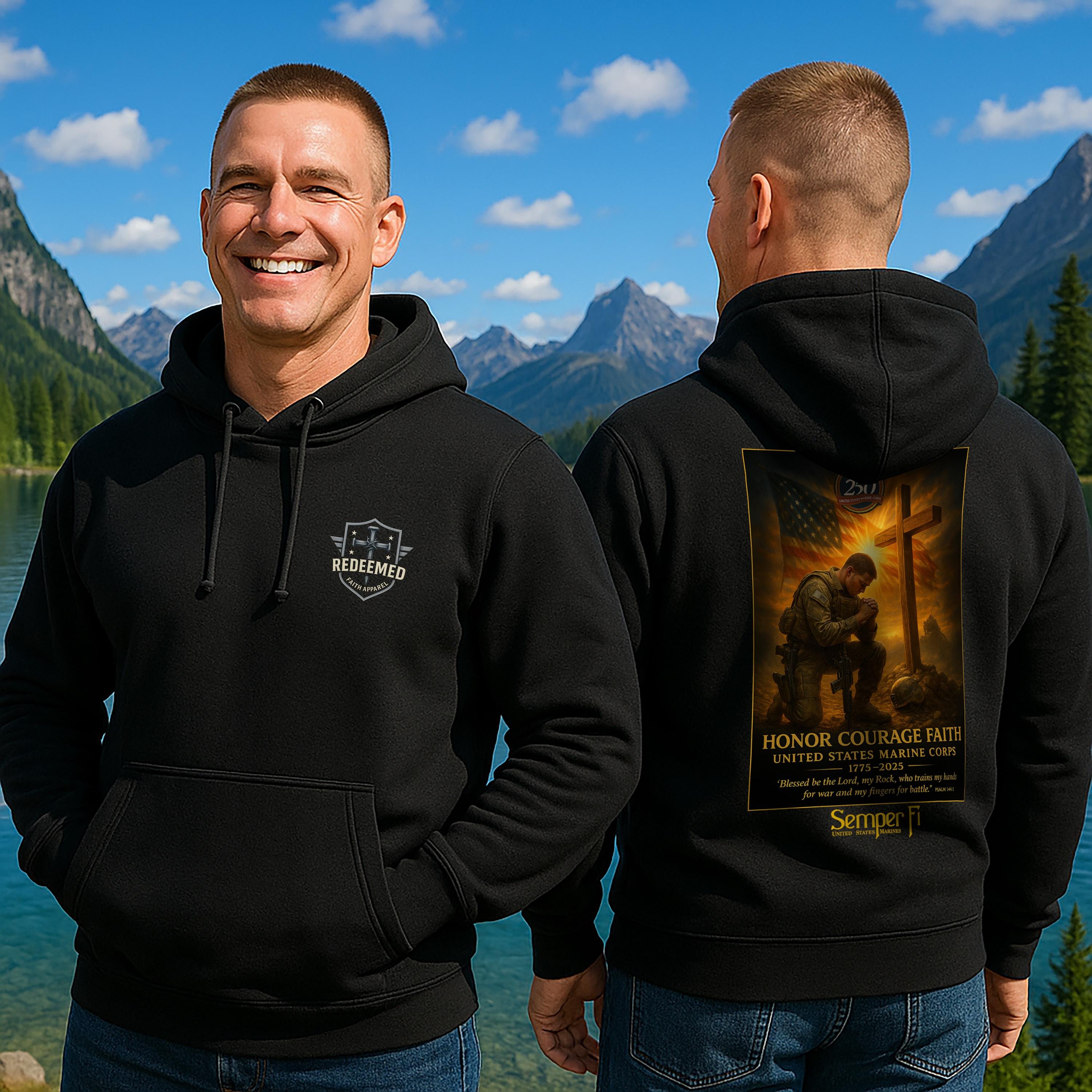 USMC 250th Anniversary - Honor Courage Faith Hoodie, Psalm 144:1, Redeemed Faith Apparel, Left-Chest Logo, Christian Clothing, Semper Fi Tee