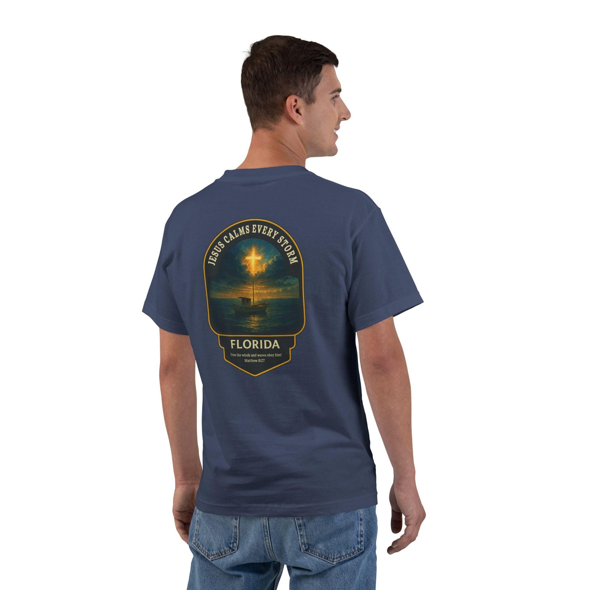 FL-Jesus Calms Every Storm - Florida, Christian Shirt, Matthew 827, Faith T Shirt, Ocean Boat Design, God Bless America Collection