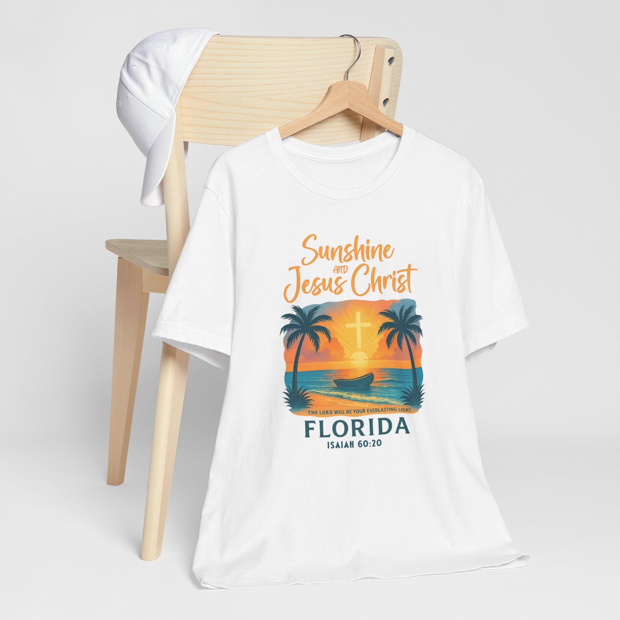 FL-Womens - Sunshine and Jesus Christ, Florida Christian Shirt, Isaiah 6020, Faith T Shirt, Beach Cross Design, God Bless America Collection