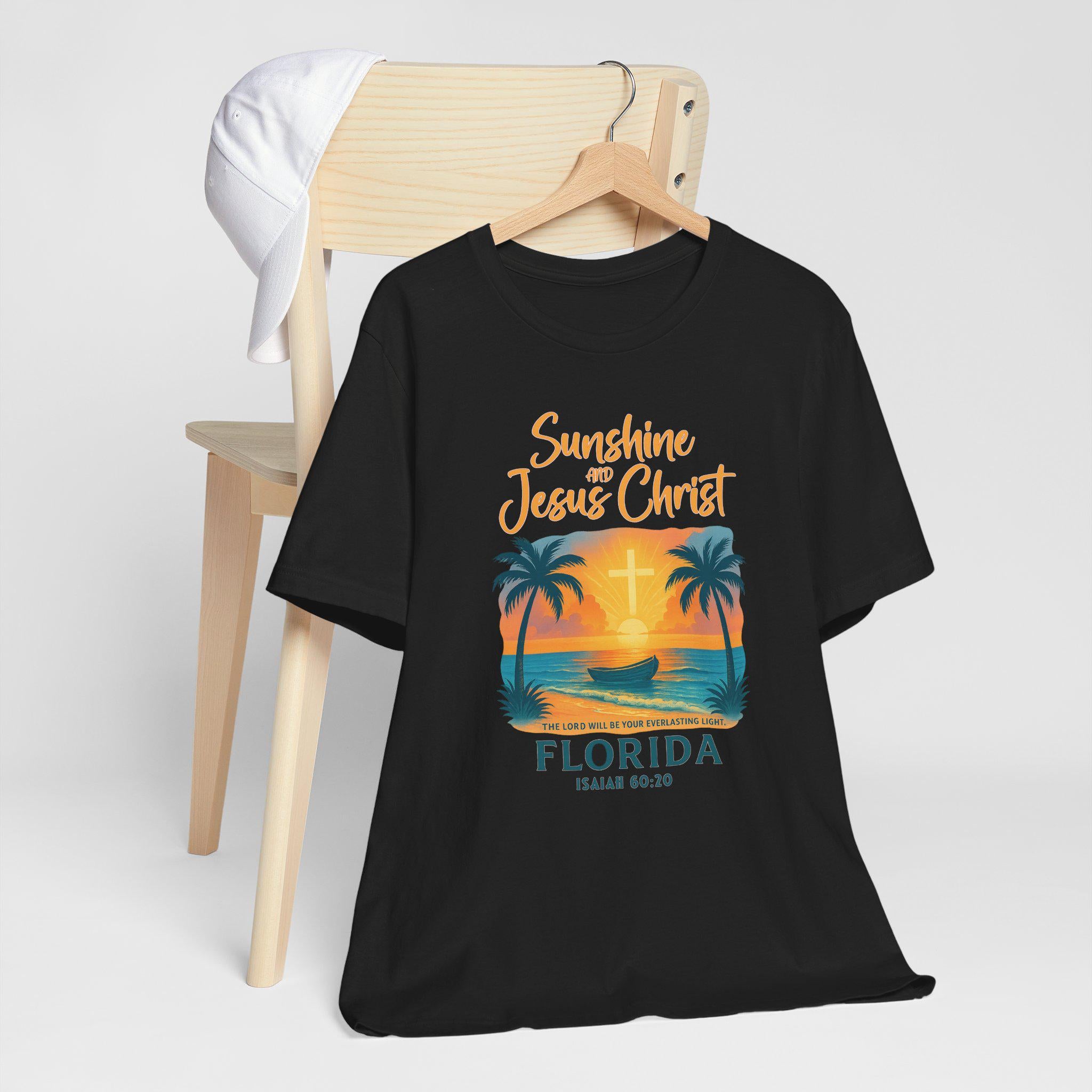 FL-Womens - Sunshine and Jesus Christ, Florida Christian Shirt, Isaiah 6020, Faith T Shirt, Beach Cross Design, God Bless America Collection