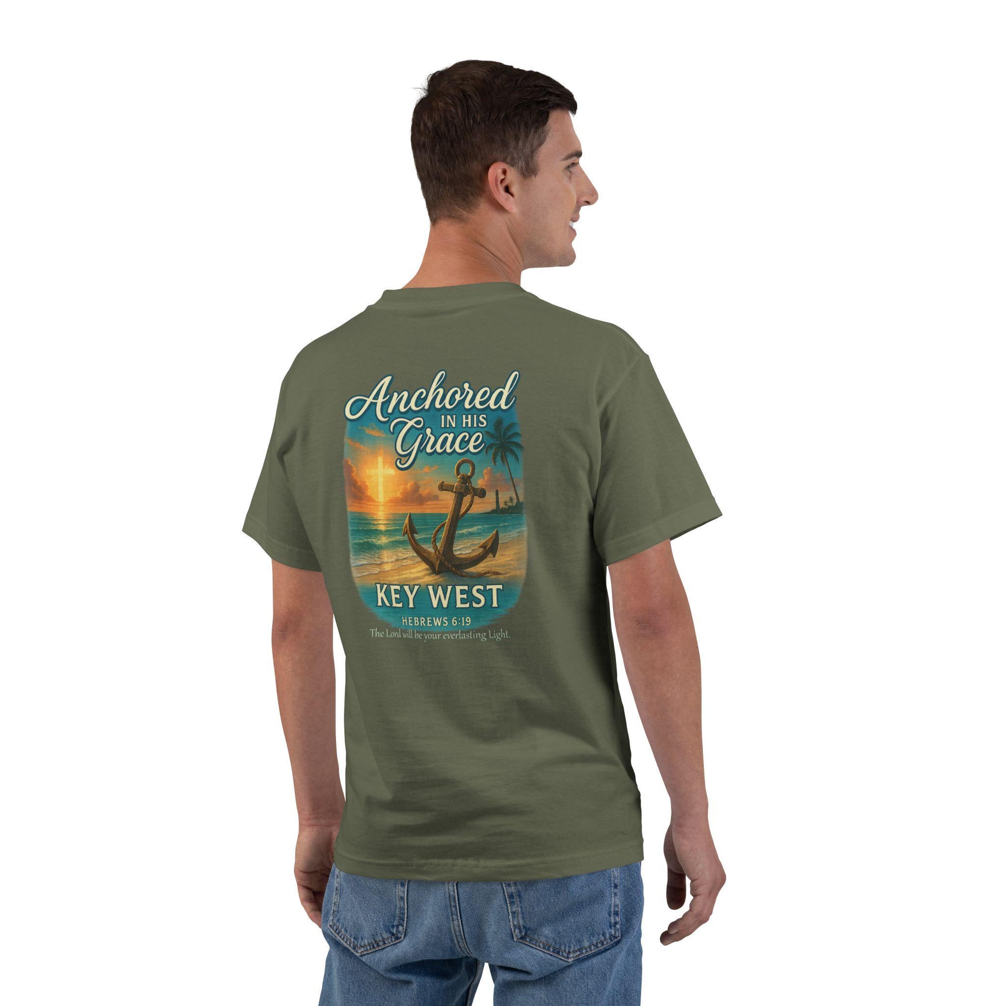 FL-(BACK) Anchored In His Grace Key West, Christian Shirt, Hebrews 619, Faith T Shirt, Beach Anchor Design, God Bless America Collection