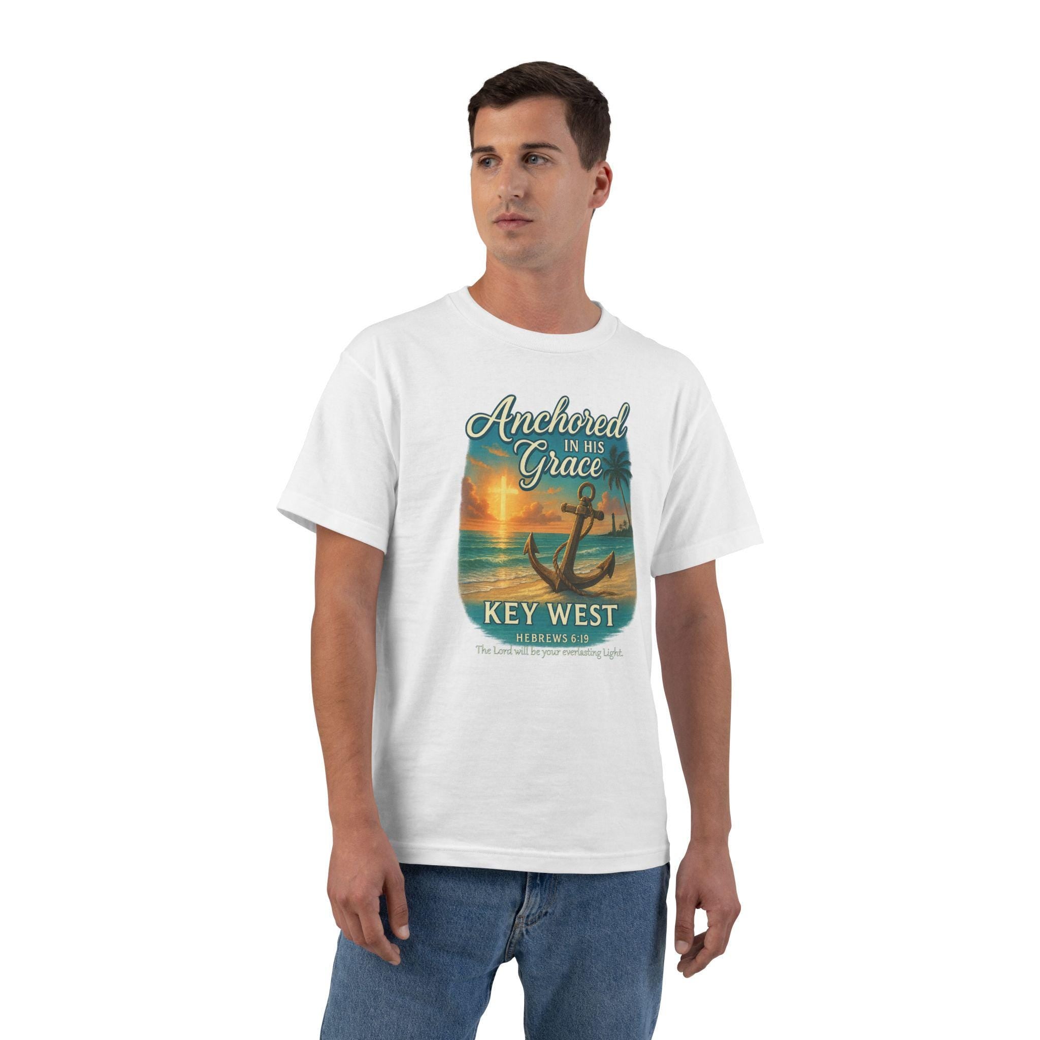 FL-(FRONT) Anchored In His Grace Key West, Christian Shirt, Hebrews 619, Faith T Shirt, Beach Anchor Design, God Bless America Collection
