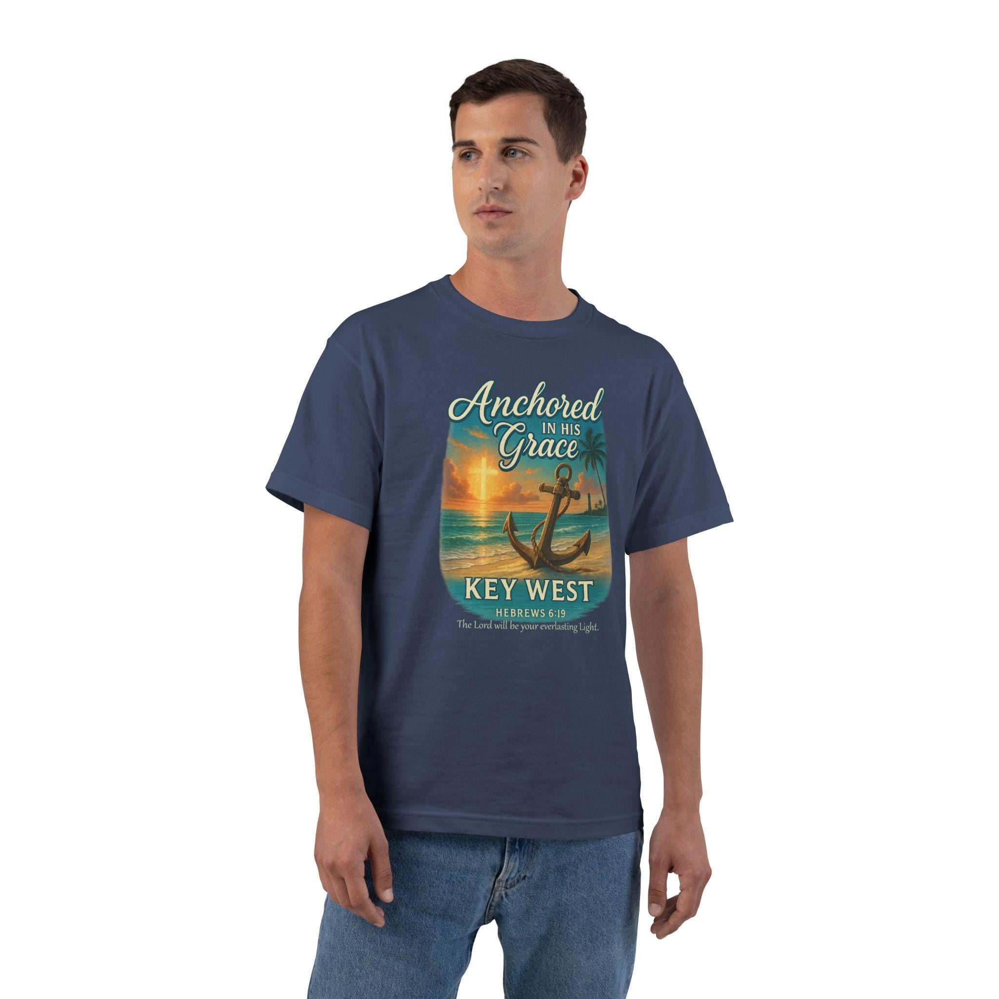 FL-(FRONT) Anchored In His Grace Key West, Christian Shirt, Hebrews 619, Faith T Shirt, Beach Anchor Design, God Bless America Collection