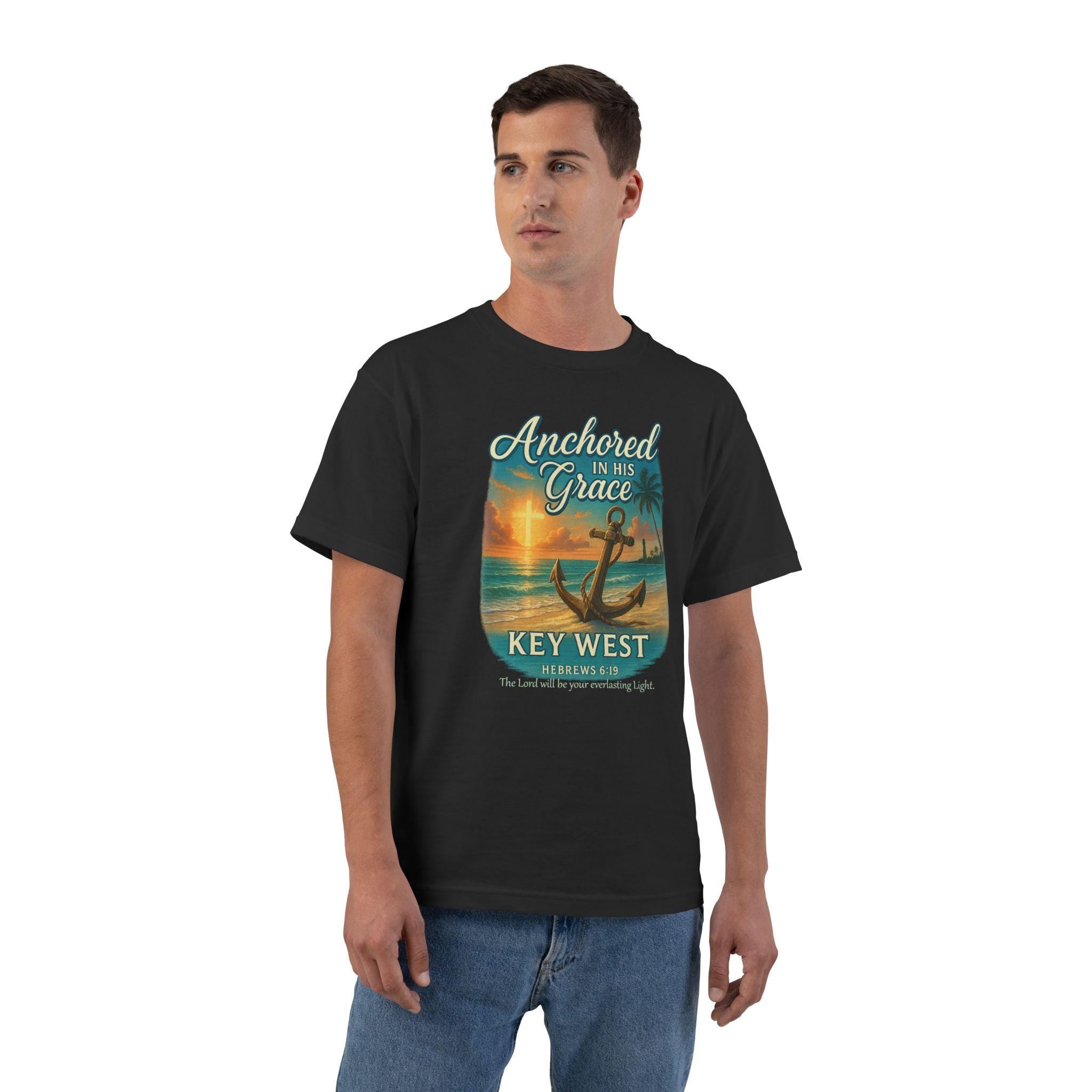 FL-(FRONT) Anchored In His Grace Key West, Christian Shirt, Hebrews 619, Faith T Shirt, Beach Anchor Design, God Bless America Collection