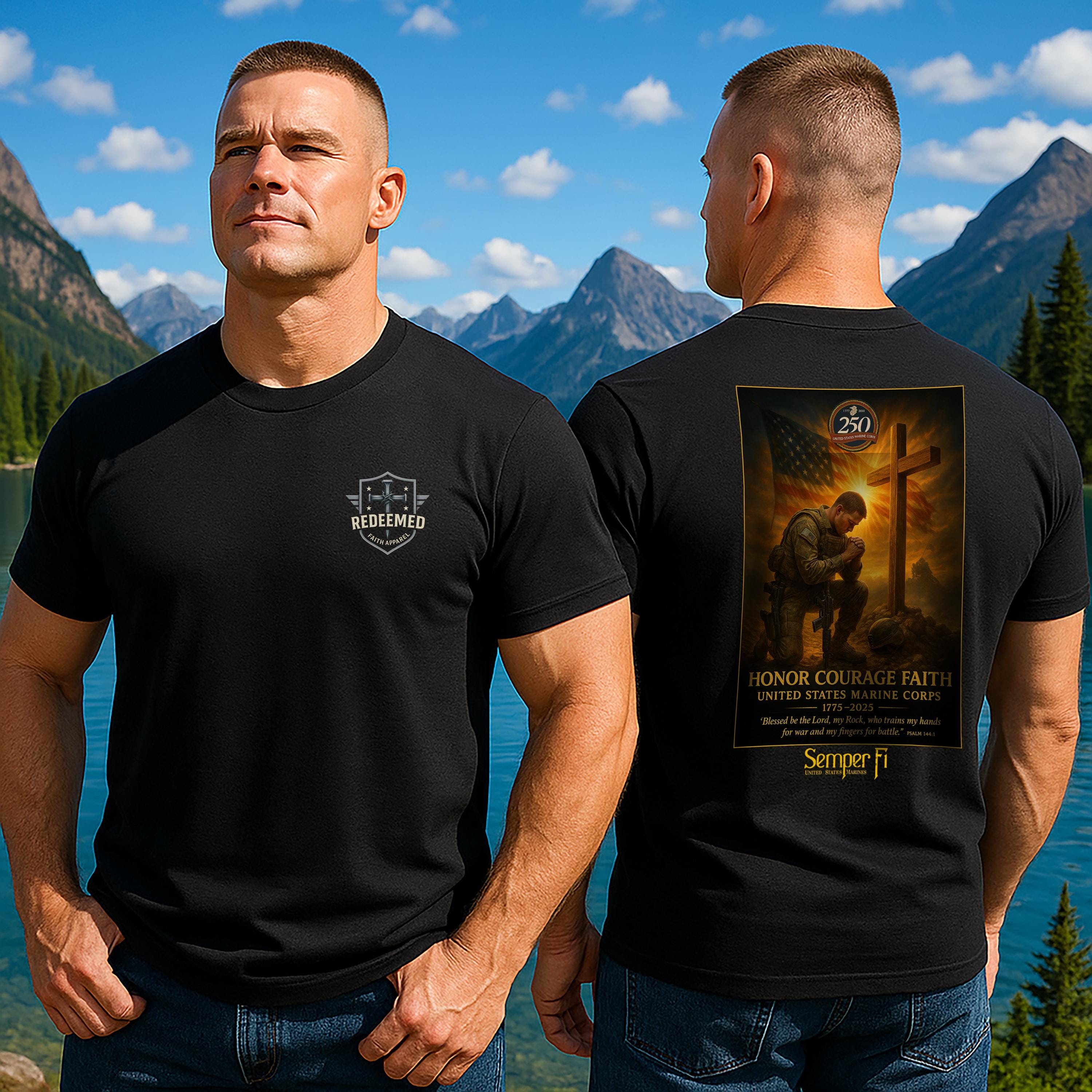 USMC 250th Anniversary - Honor Courage Faith T-Shirt, Psalm 144:1, United States Marine Corps T-Shirt, Christian Apparel, God and Country